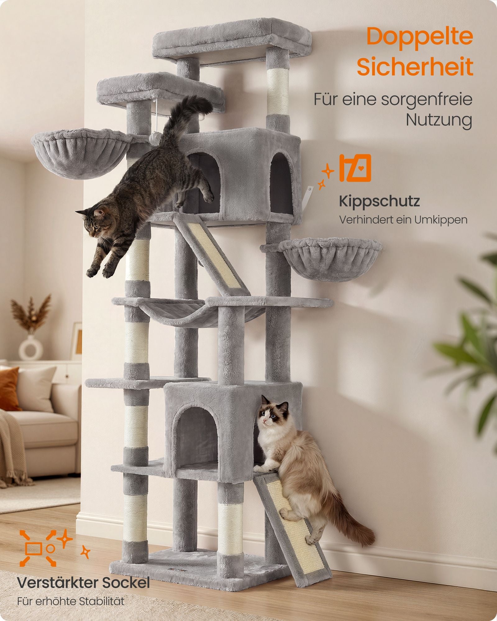 Krabpaal - Met Sisalstammen en Rustplateaus - Voor Grote Katten - Lichtgrijs - 55 x 45 x 206 cm