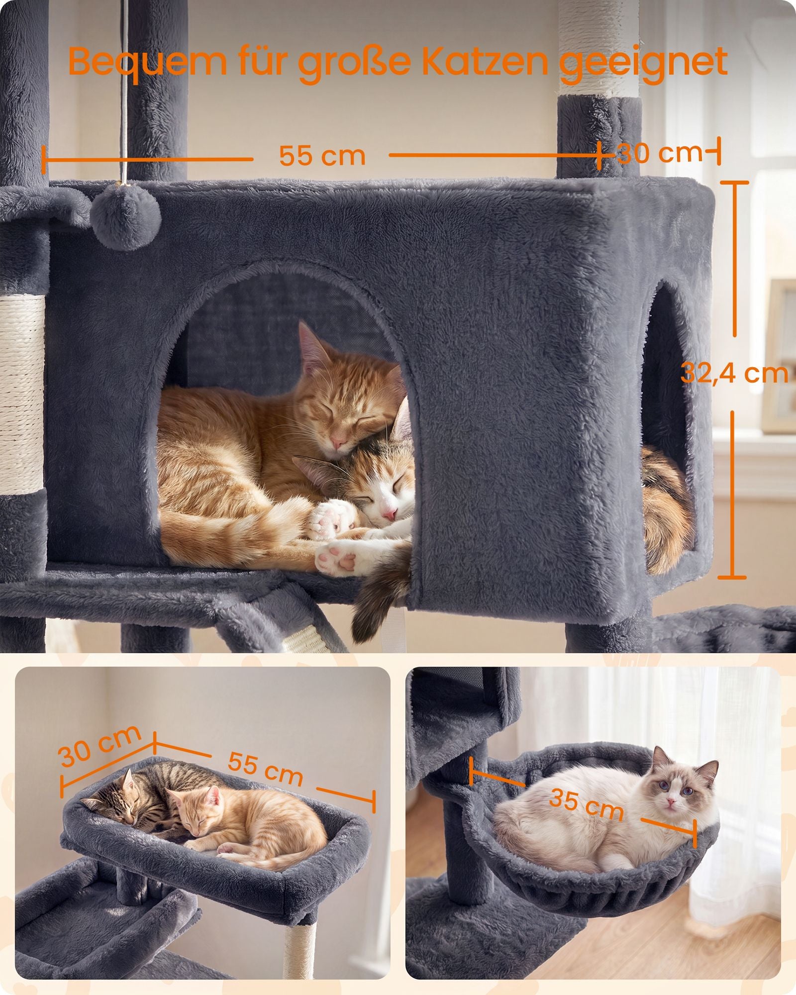 Krabpaal - Met Sisalstammen en Rustplateaus - Voor Grote Katten - Donkergrijs - 55 x 45 x 206 cm