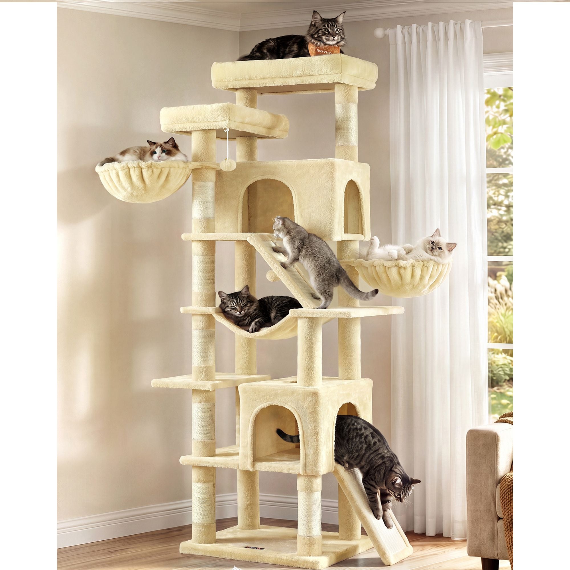 Krabpaal - Met Sisalstammen en Rustplateaus - Voor Grote Katten - Beige - 55 x 45 x 206 cm