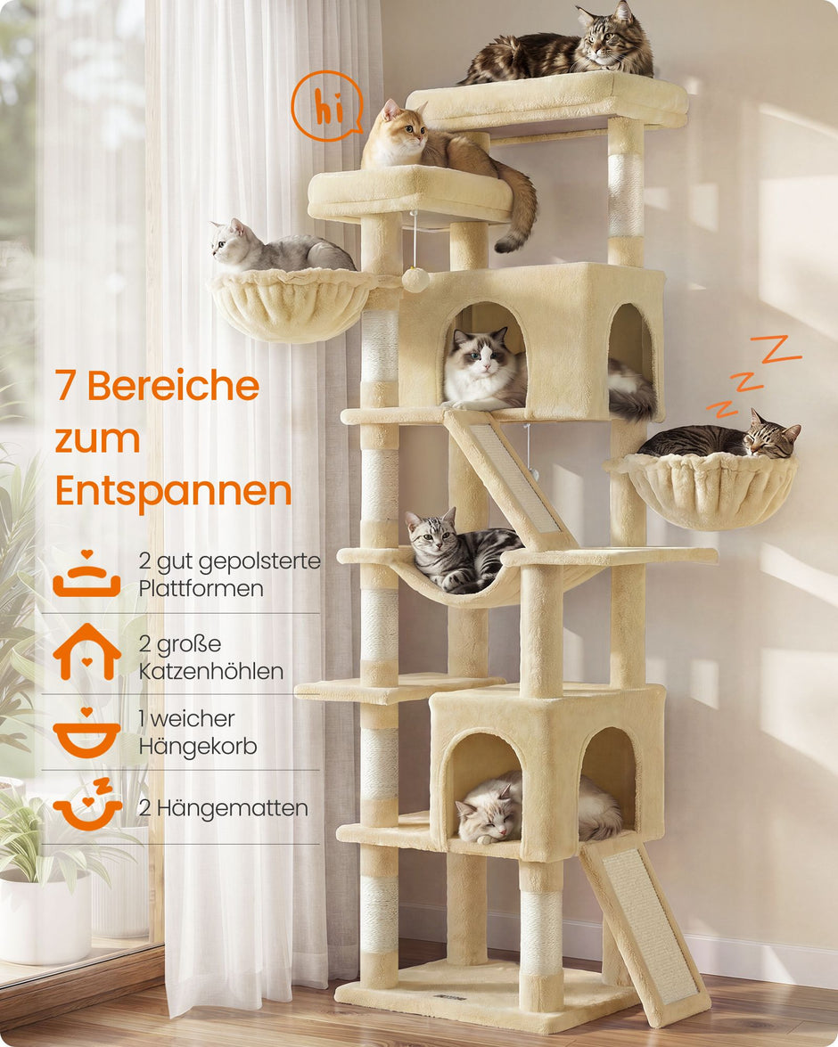 Krabpaal - Met Sisalstammen en Rustplateaus - Voor Grote Katten - Beige - 55 x 45 x 206 cm