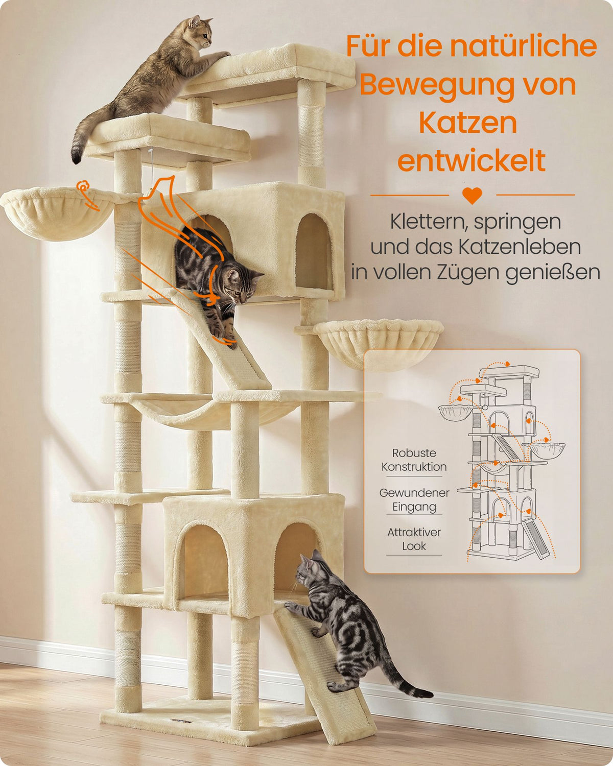 Krabpaal - Met Sisalstammen en Rustplateaus - Voor Grote Katten - Beige - 55 x 45 x 206 cm