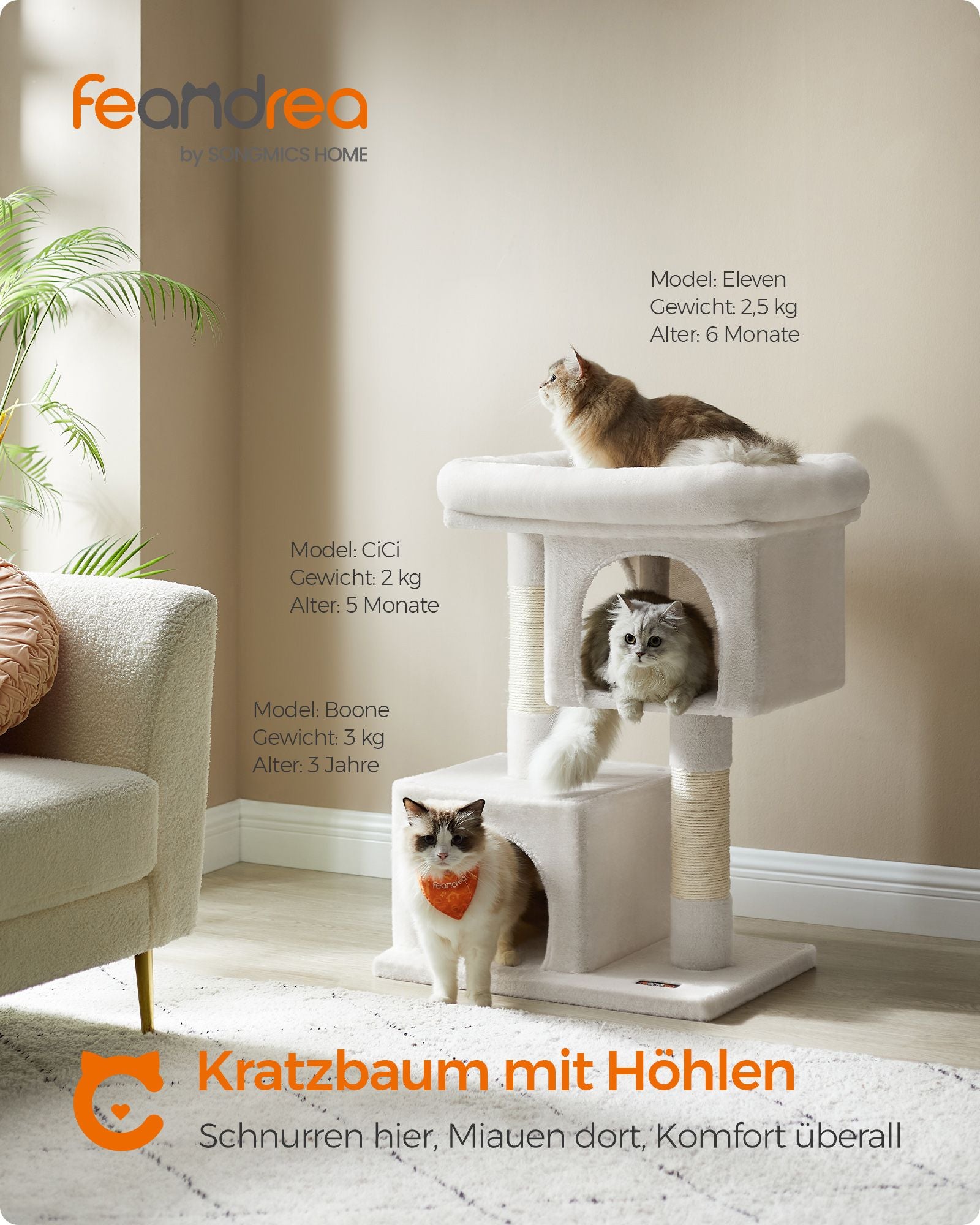 Kratzerpfosten - für große Katzen - bis zu 7 kg - Creme weiß