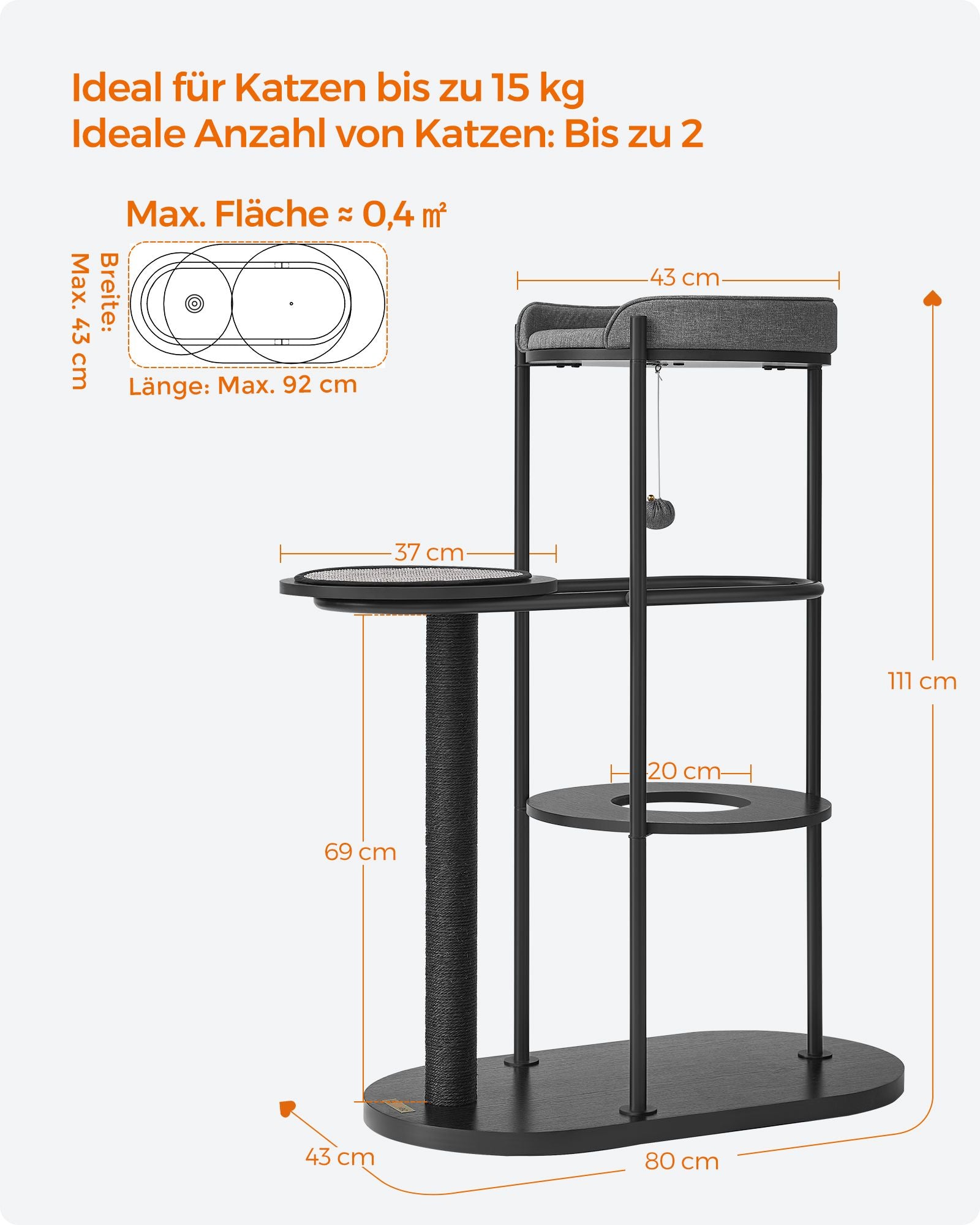 Kratzerpfosten - 111 cm hoch - klassisches schwarzes Sisalstam