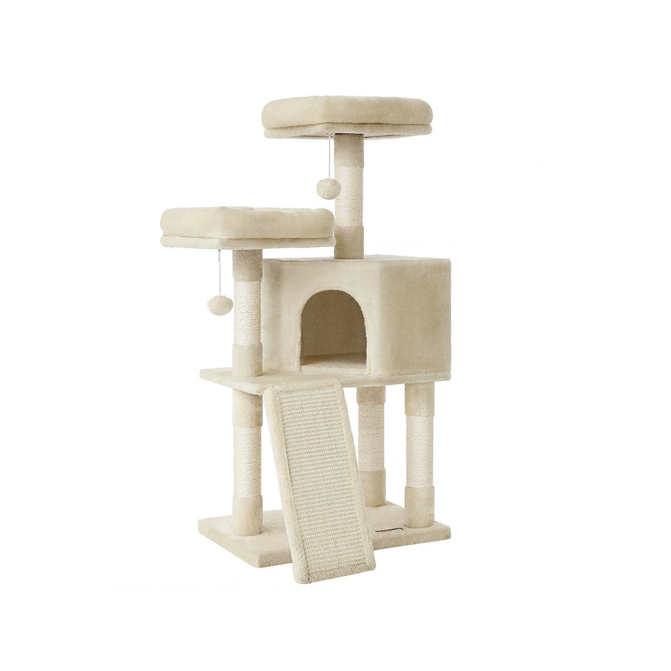 Kratzerpfosten - 115 cm - mit 2 Plattformen, Kratzer und Höhle - hellgrau