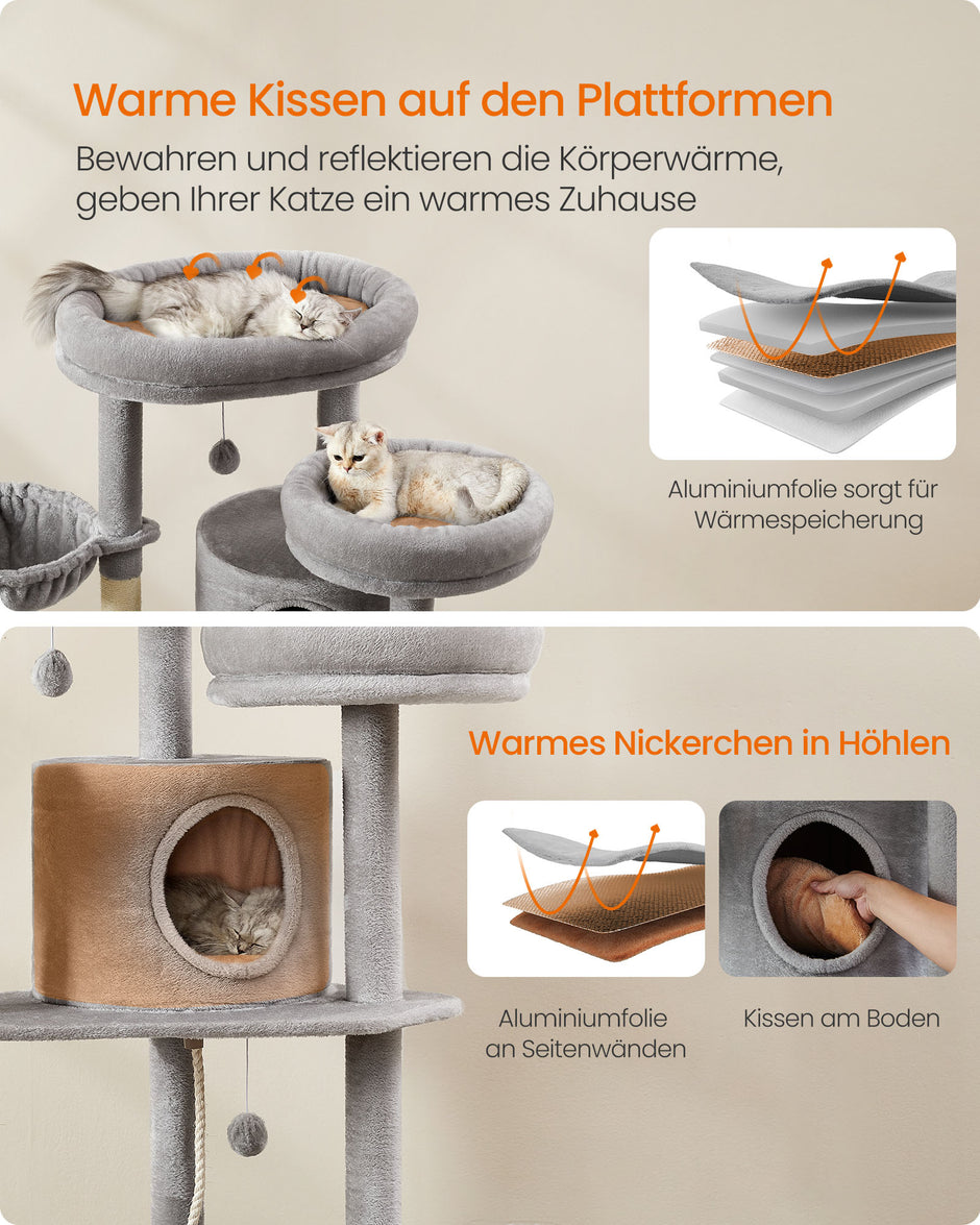 Großer Kratzerpfosten 196 cm hoch mit großen Plattformen in hellgrau