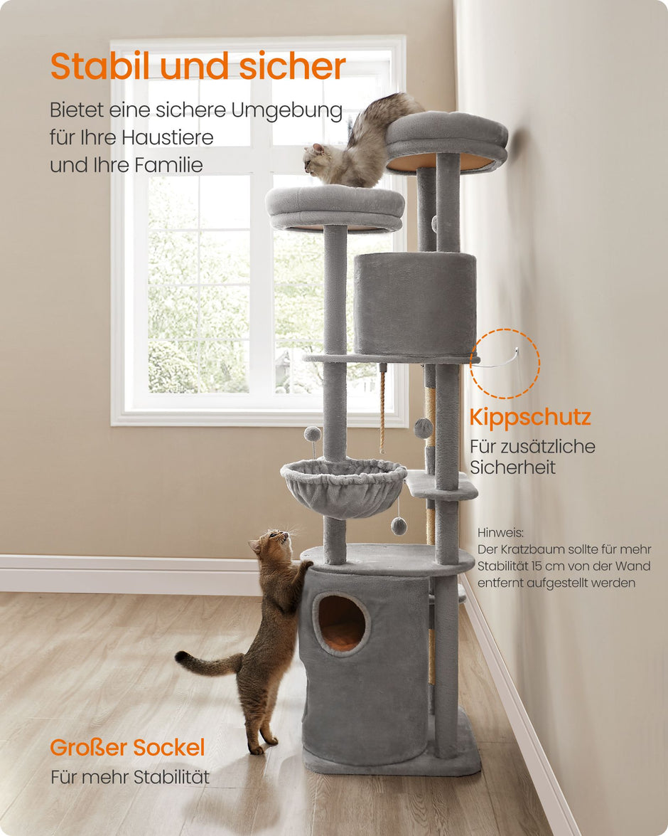 Großer Kratzerpfosten 196 cm hoch mit großen Plattformen in hellgrau