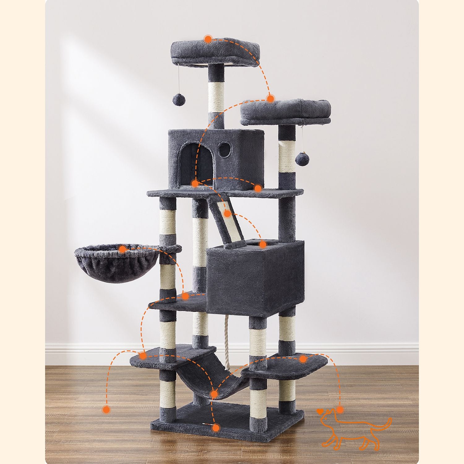 Kratzerpfosten - 168 cm - 2 Höhlen