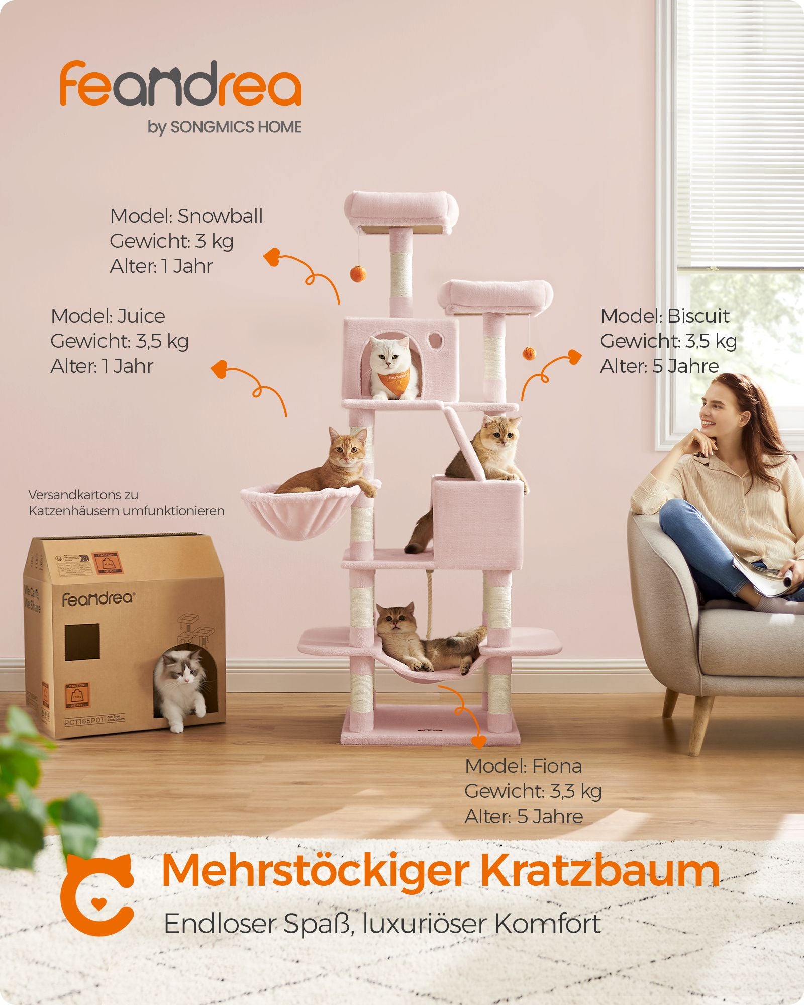 Großer Kratzerpfosten - mit 13 Kratzern - mehrere Ebenen - Pastellrosa