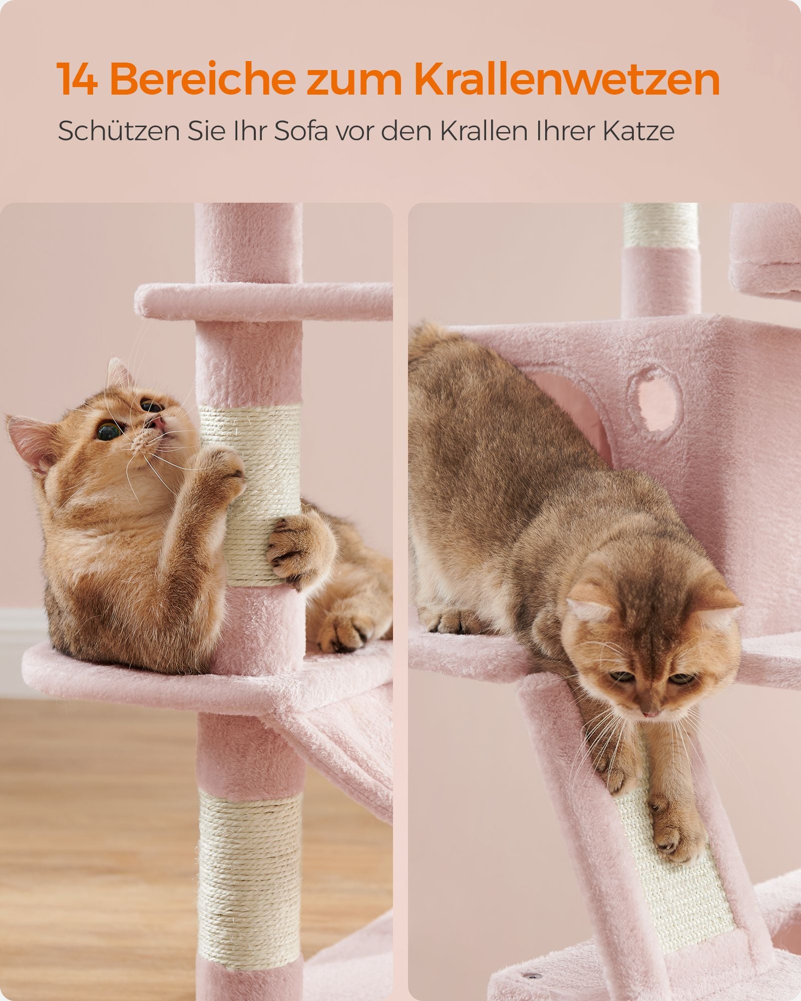 Großer Kratzerpfosten - mit 13 Kratzern - mehrere Ebenen - Pastellrosa