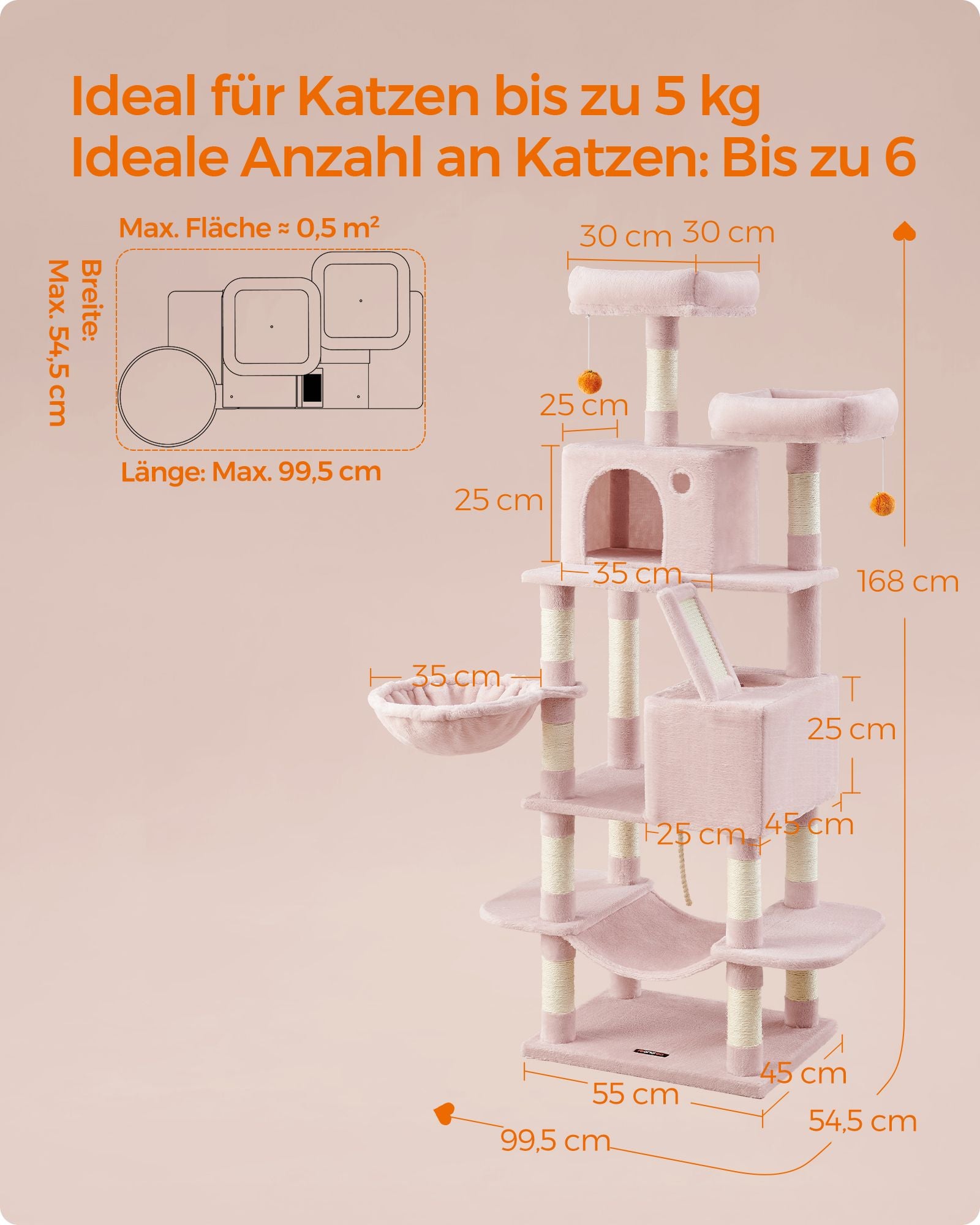 Großer Kratzerpfosten - mit 13 Kratzern - mehrere Ebenen - Pastellrosa