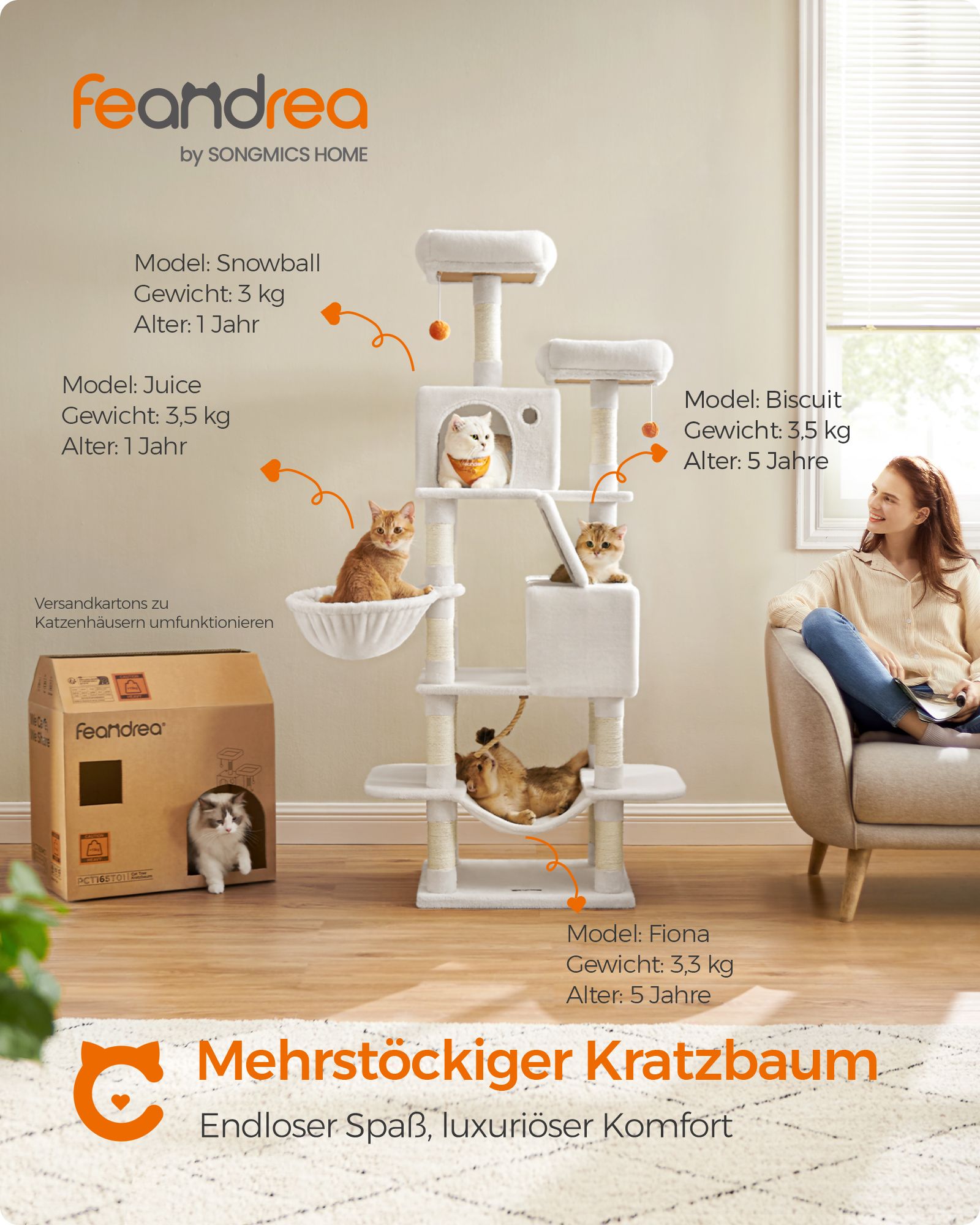 Großer Kratzerpfosten - mit 13 Kratzern - mehrere Ebenen - Crèmwit