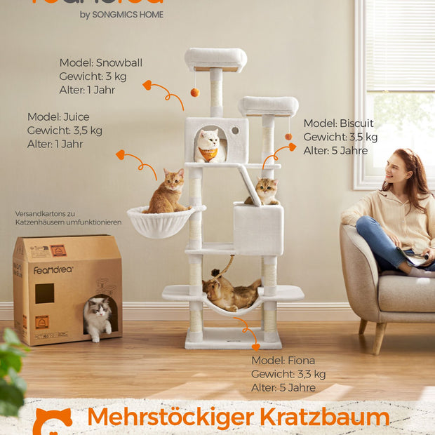 Großer Kratzerpfosten - mit 13 Kratzern - mehrere Ebenen - Crèmwit