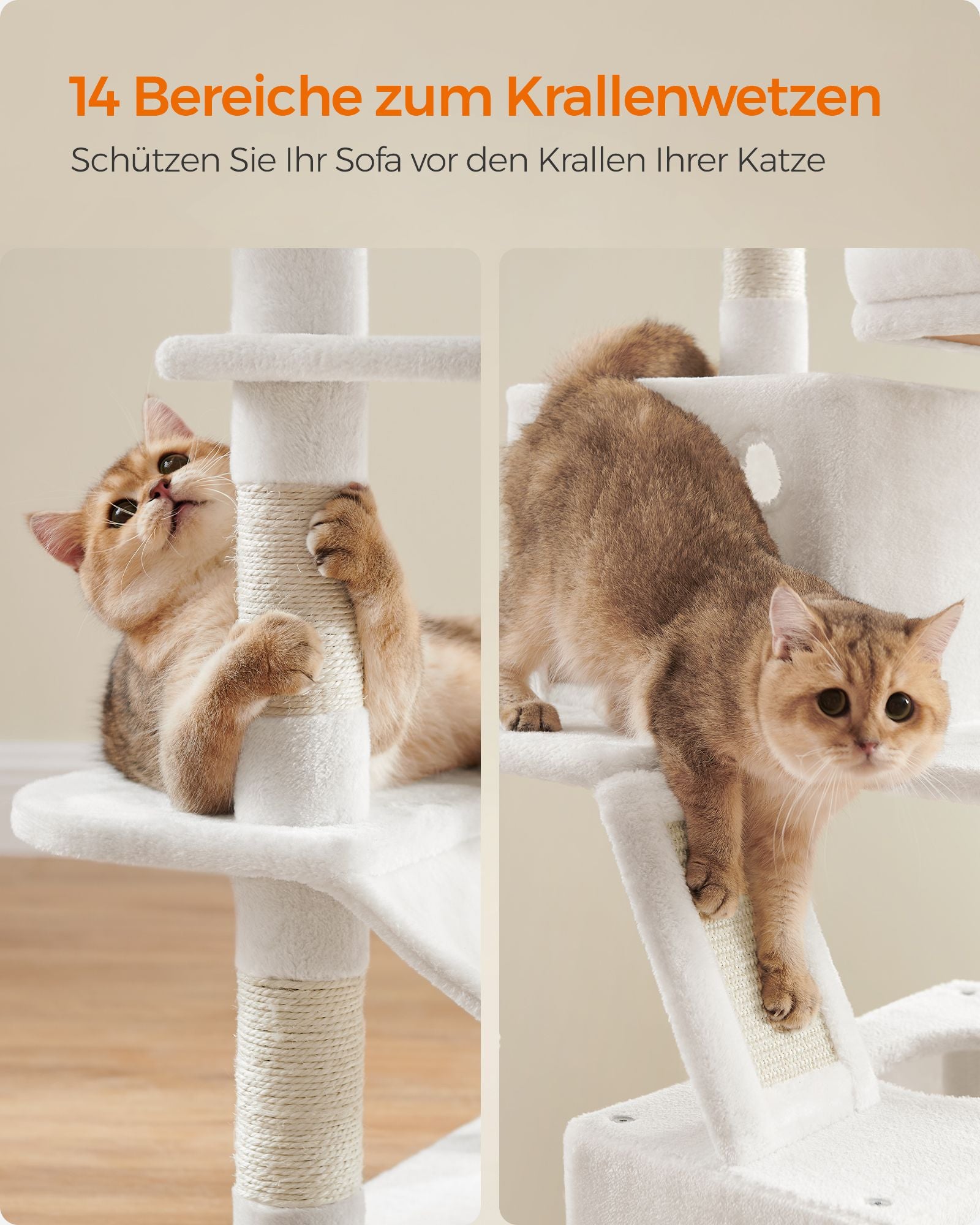 Großer Kratzerpfosten - mit 13 Kratzern - mehrere Ebenen - Crèmwit