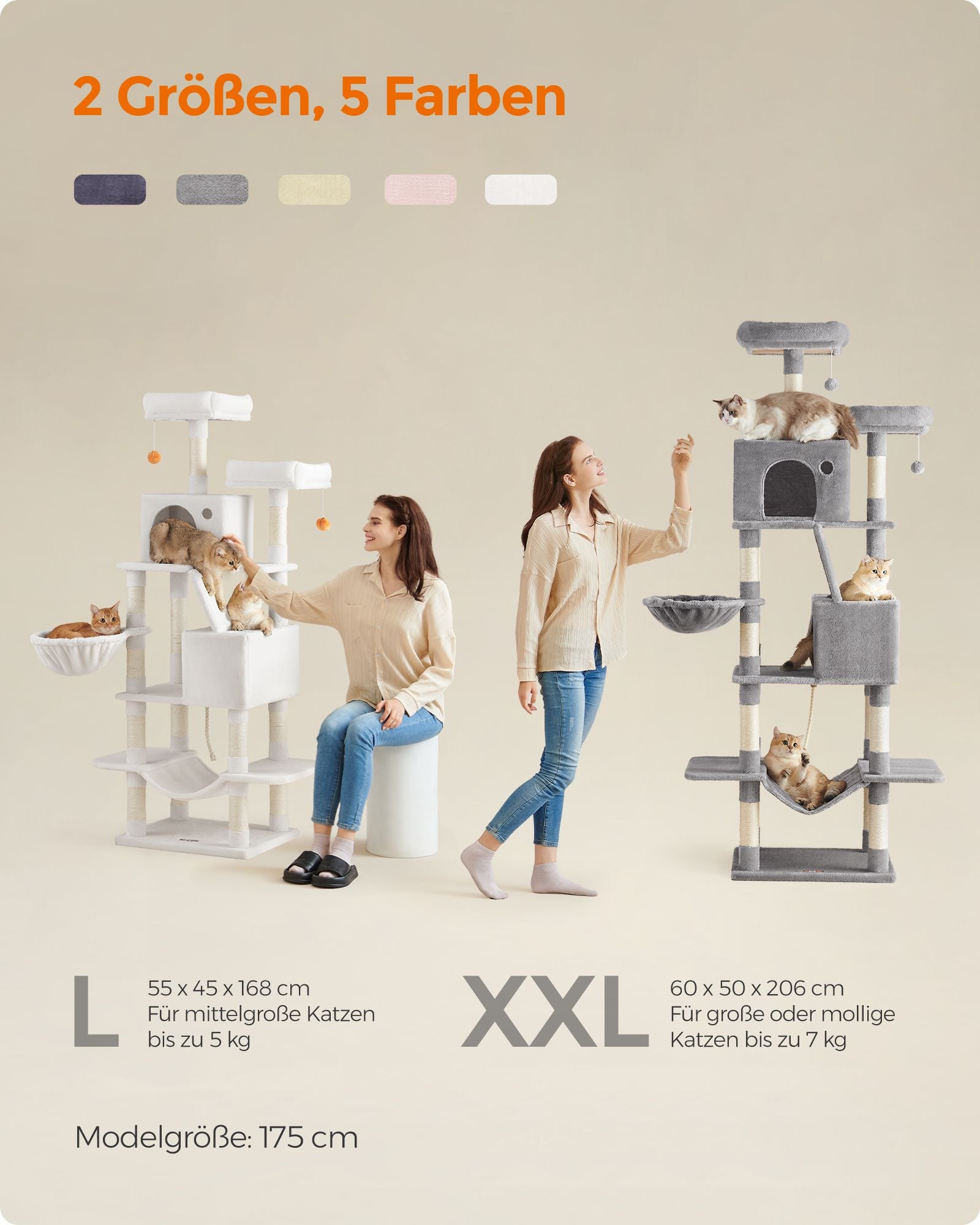 Großer Kratzerpfosten - mit 13 Kratzern - mehrere Ebenen - Crèmwit