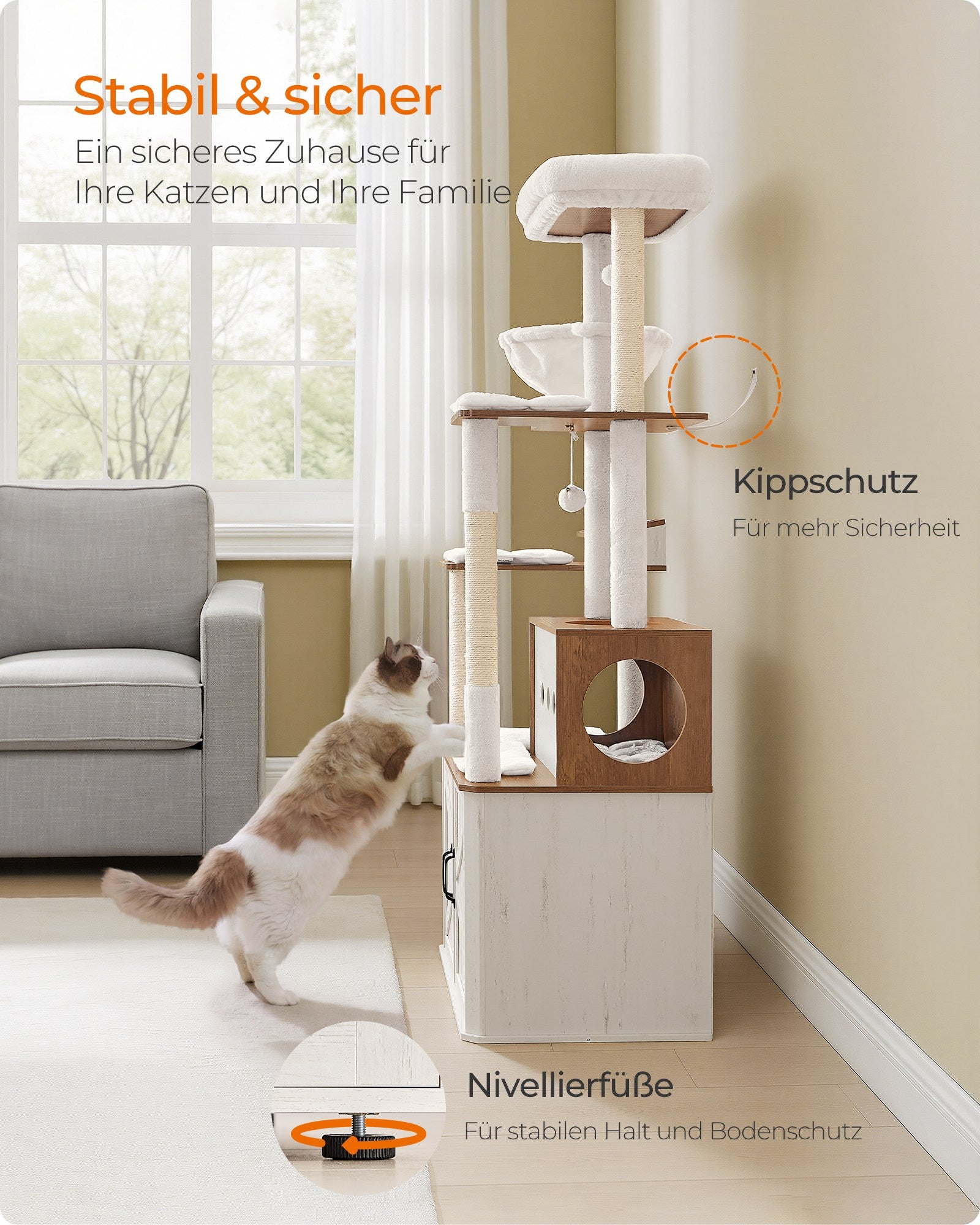 Krabpaal - 170 cm - Met Grot en Hangmat - Sisalpalen - Honingbruin-Vintage Wit