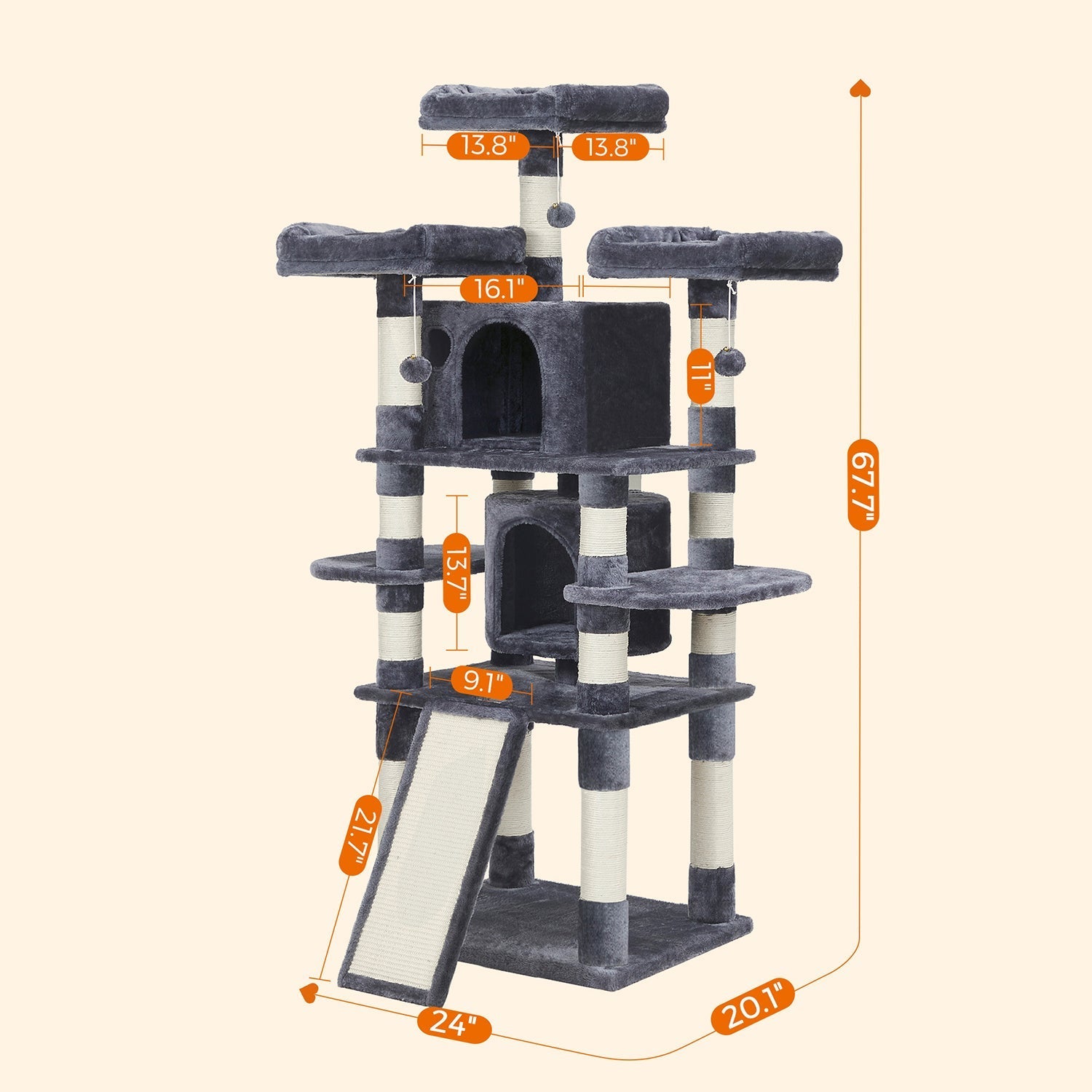 Kratzer nach xxl - 3 Plattformen und 2 Höhlen - 172 cm - Flue Grey