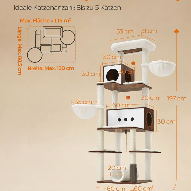 Kratzerpfosten - mit 2 Höhlen und 2 Sonnenlieger - braun