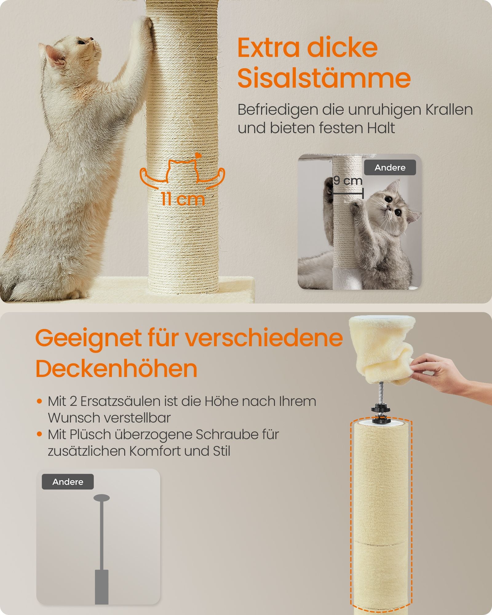 Kratzer nach der Decke hoch 231-291 cm in Höhe einstellbarer Beige