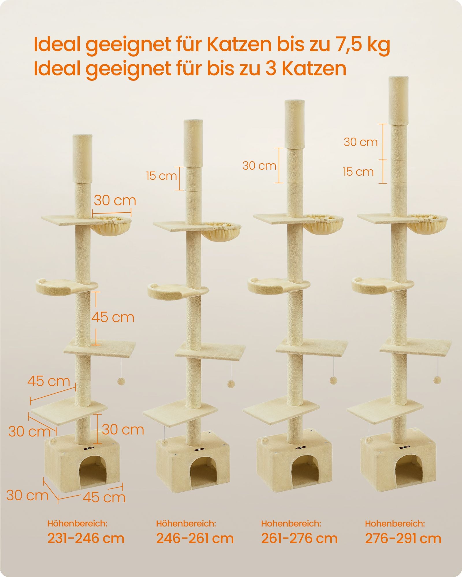 Kratzer nach der Decke hoch 231-291 cm in Höhe einstellbarer Beige