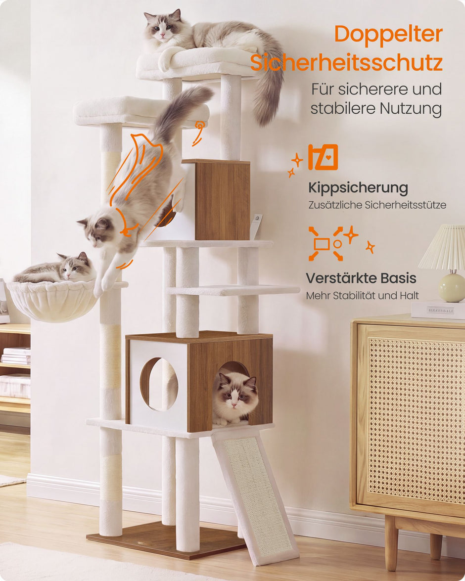 Kattenboom – 6 Niveaus – 2 Kattenholen – Sisalstam – Houtlook – 172 cm – Honingbruin