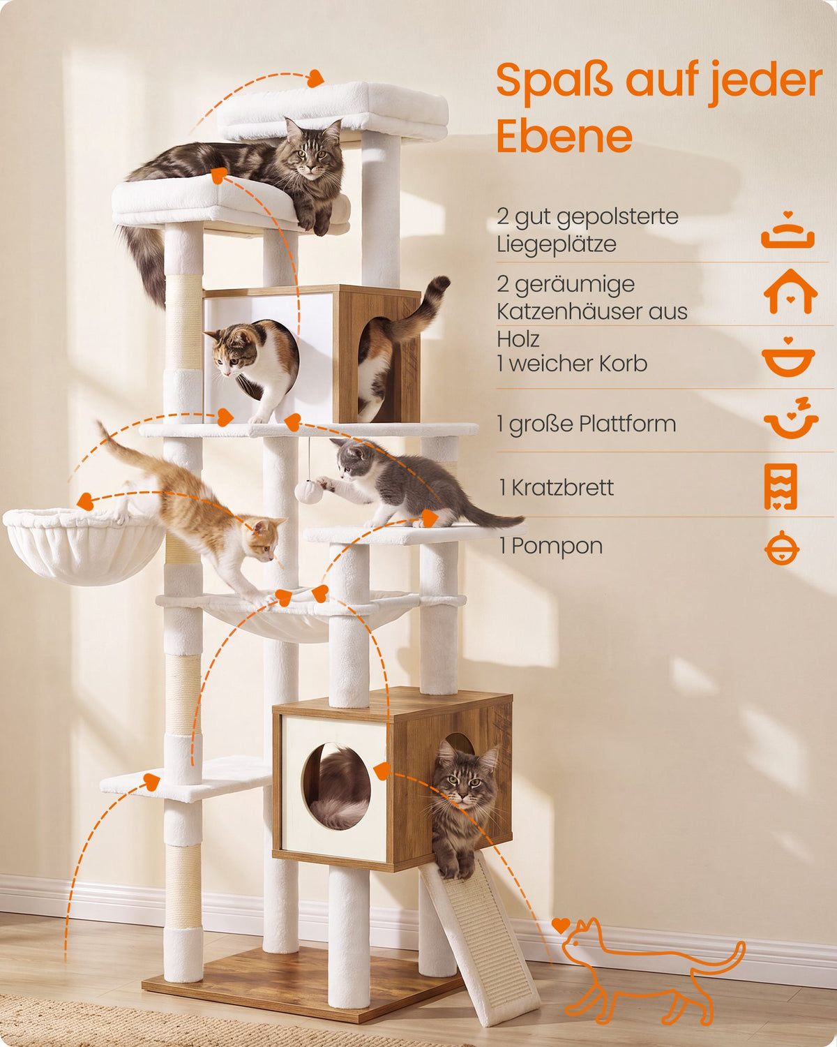 Kattenboom XXL – 193 cm – 8 Niveaus – Kattenhuis en Hol – Sisalstam – Honingbruin en Vintage Wit