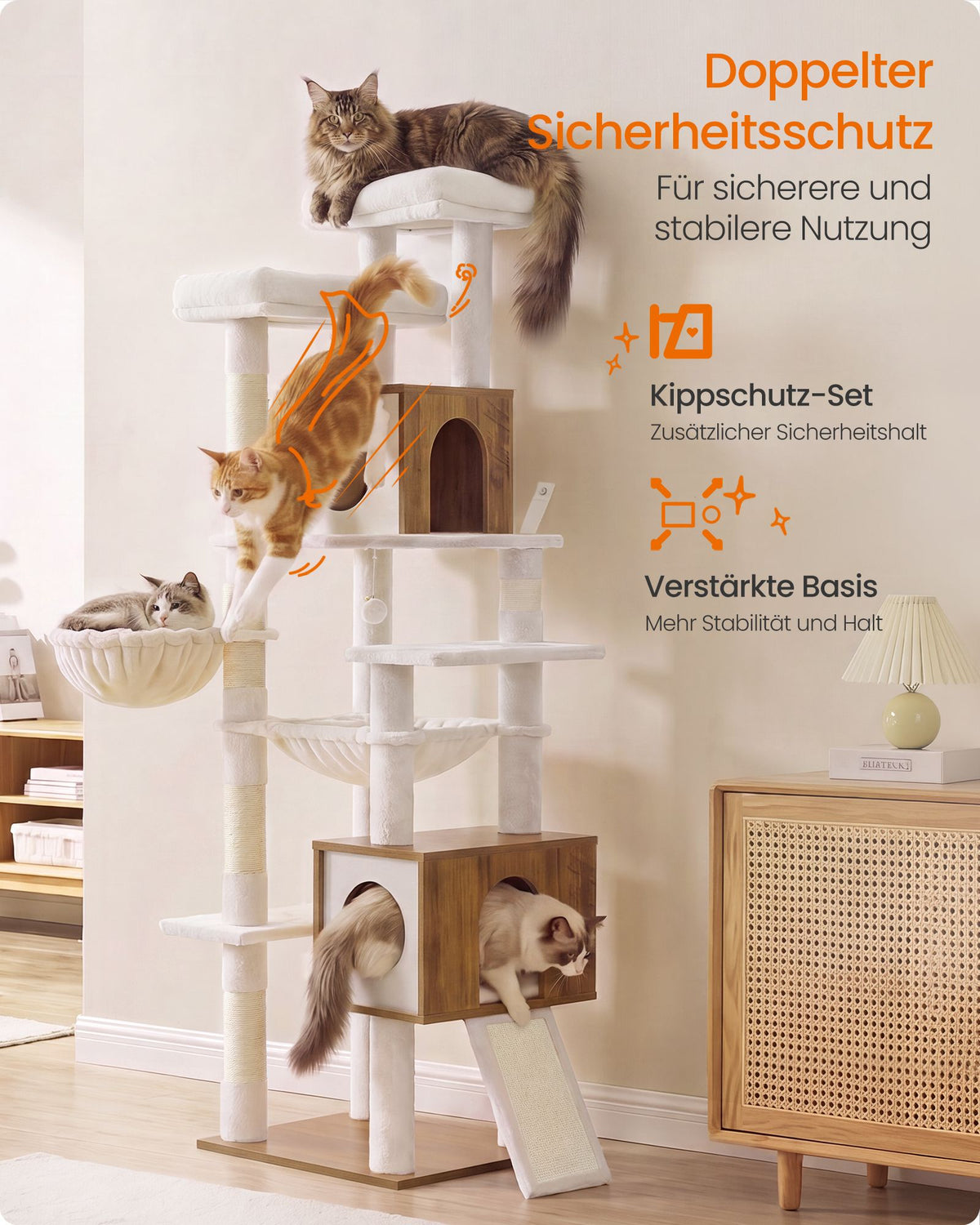 Kattenboom XXL – 193 cm – 8 Niveaus – Kattenhuis en Hol – Sisalstam – Honingbruin en Vintage Wit