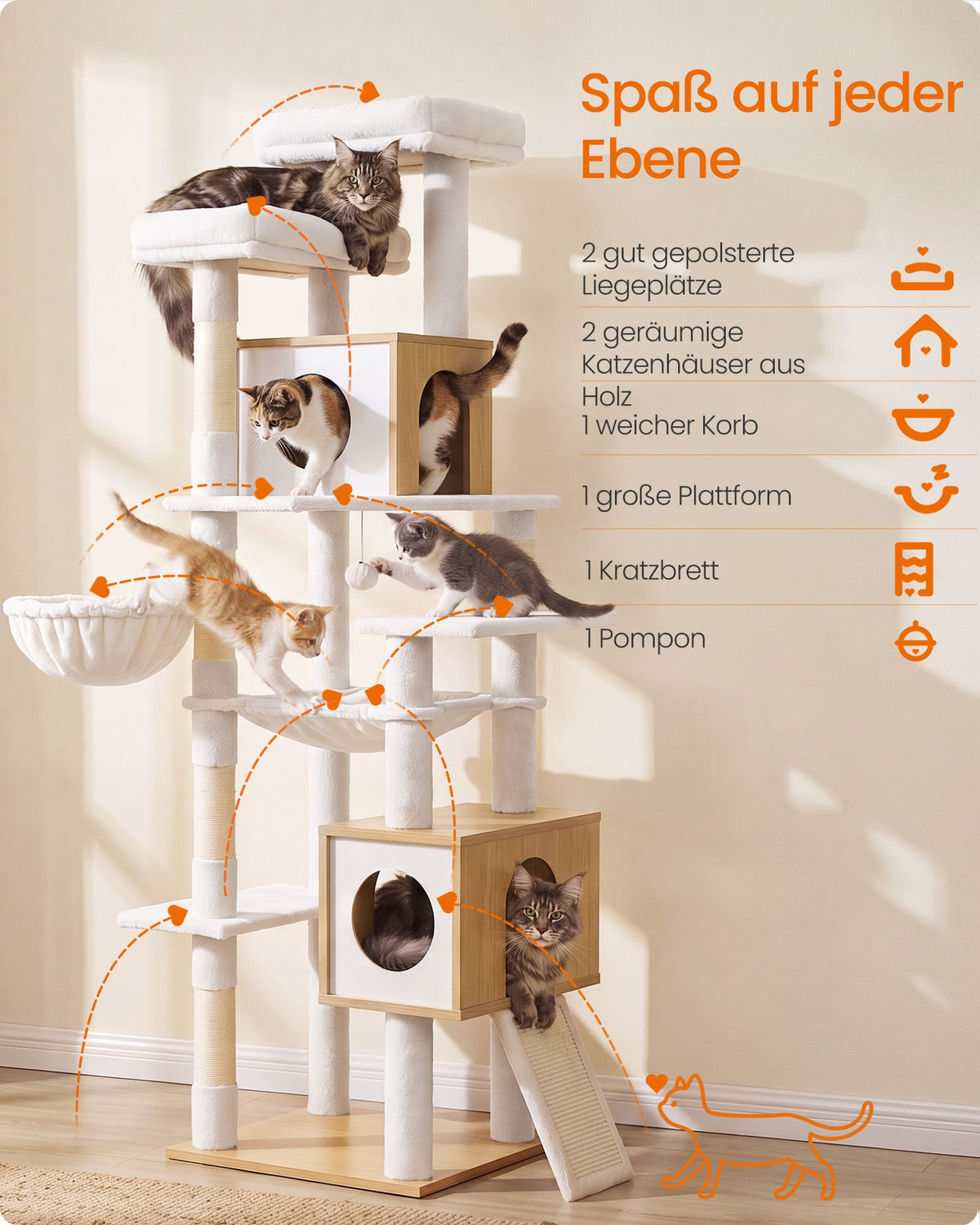 Kattenboom XXL – 193 cm – 8 Niveaus – Kattenhuis en Hol – Sisalstam – Eikenbeige en Wolkenwit