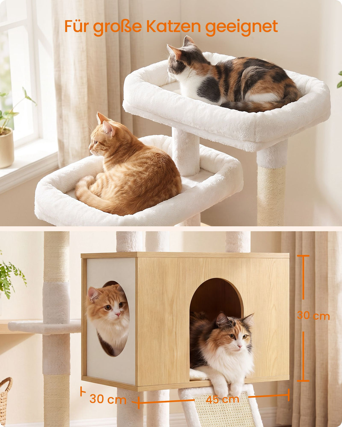 Kattenboom XXL – 193 cm – 8 Niveaus – Kattenhuis en Hol – Sisalstam – Eikenbeige en Wolkenwit