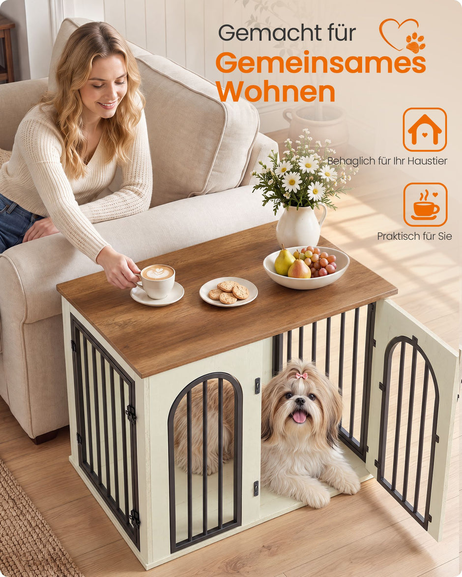 Hondenbench Meubel – 3 Deuren – Ook als Bijzettafel – 68 x 50 x 58 cm – Honingbruin en Vintage Wit