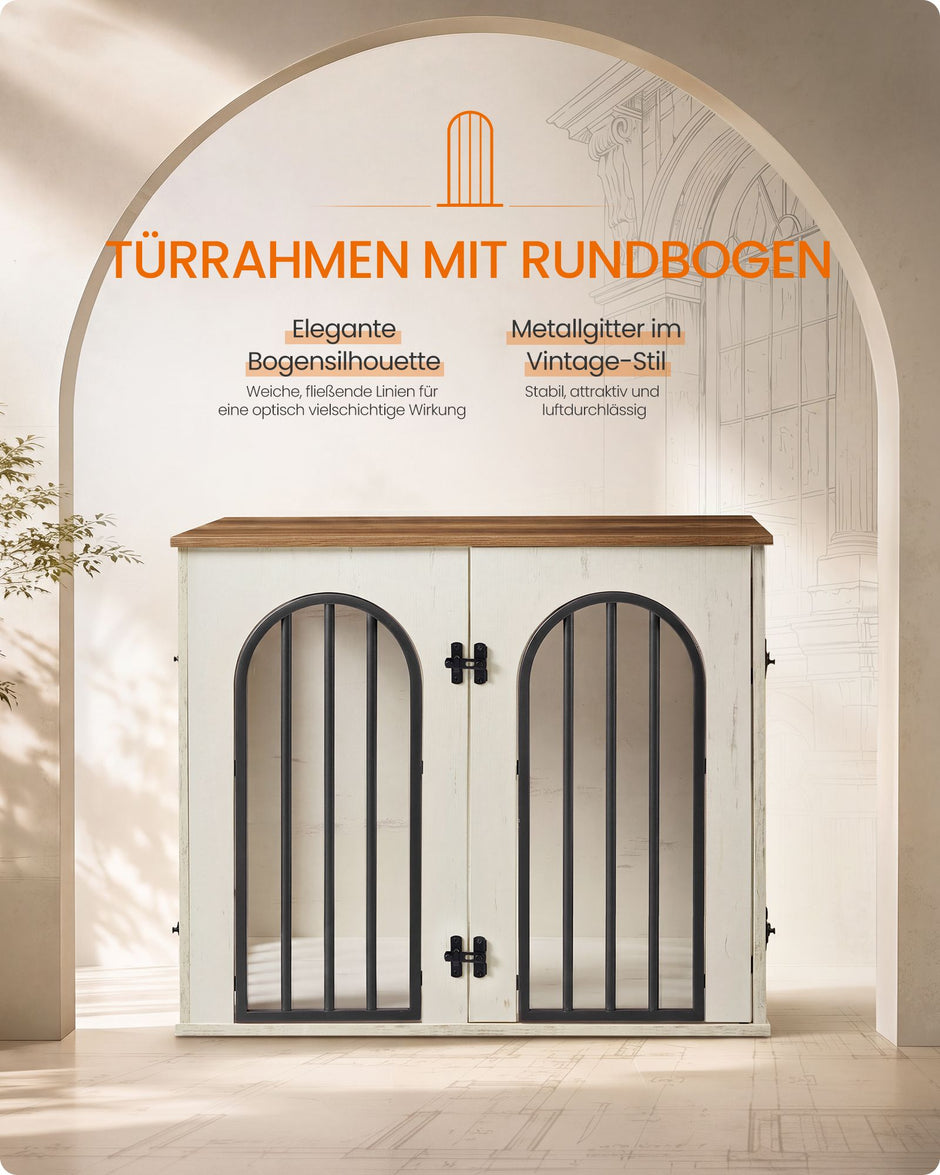 Hondenbench Meubel – 3 Deuren – Ook als Bijzettafel – 68 x 50 x 58 cm – Honingbruin en Vintage Wit