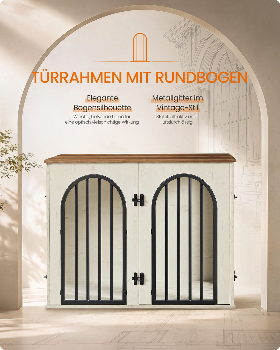 Hondenbench Meubel – 3 Deuren – Ook als Bijzettafel – 80 x 55 x 60 cm – Honingbruin en Vintage Wit