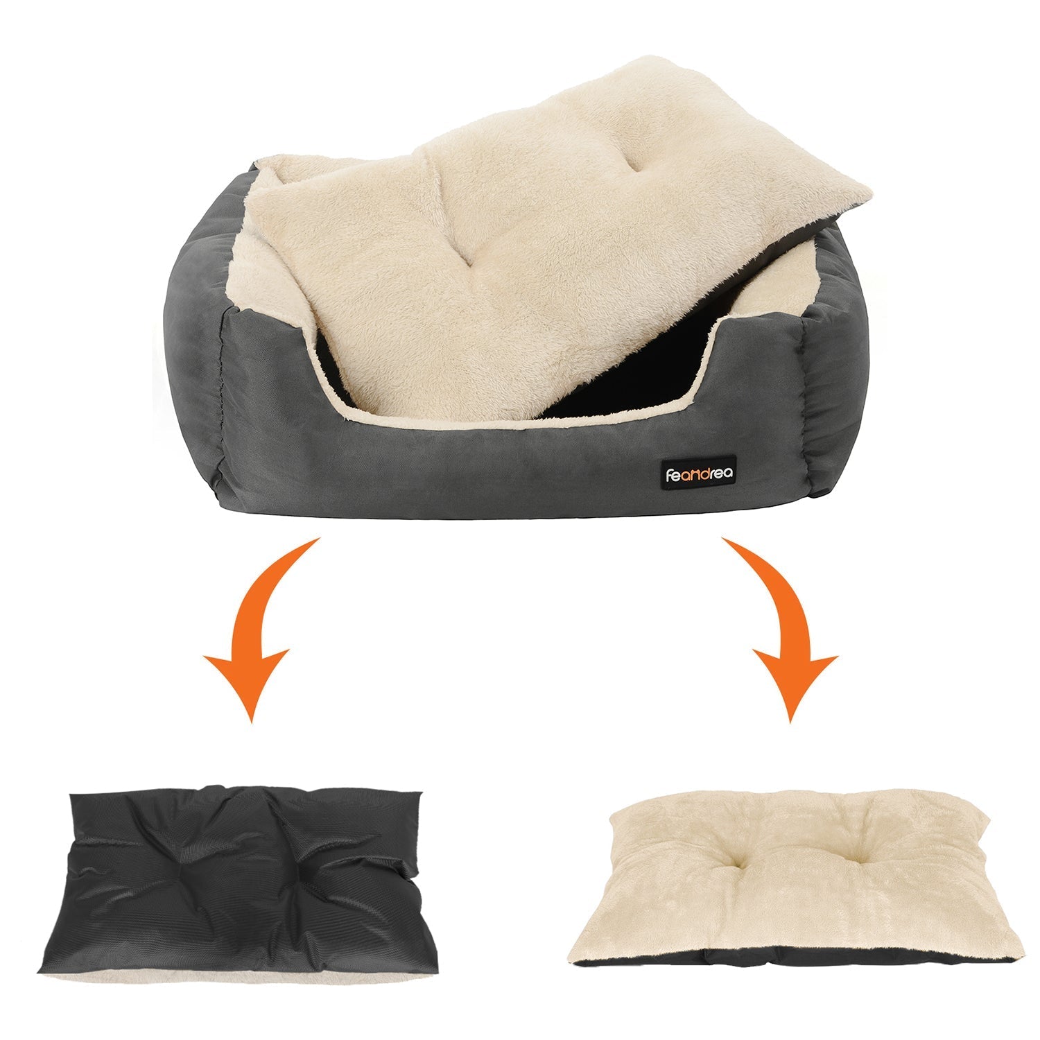 Hundebett - 65 x 55 x 20 cm - mit reversibler Kissen - Grau