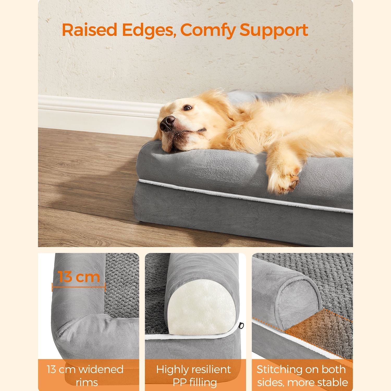 Orthopädisches Hundebett - Hundebett - mit erhöhter Kante - 106 x 80 x 25 cm - Grau
