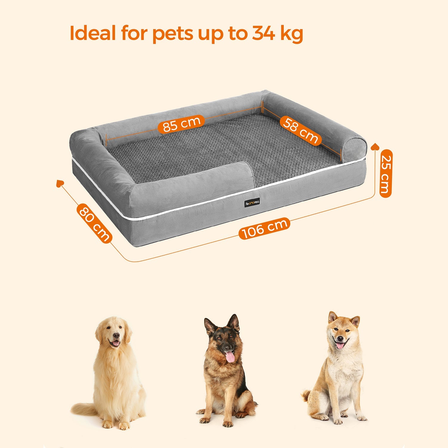 Orthopädisches Hundebett - Hundebett - mit erhöhter Kante - 106 x 80 x 25 cm - Grau