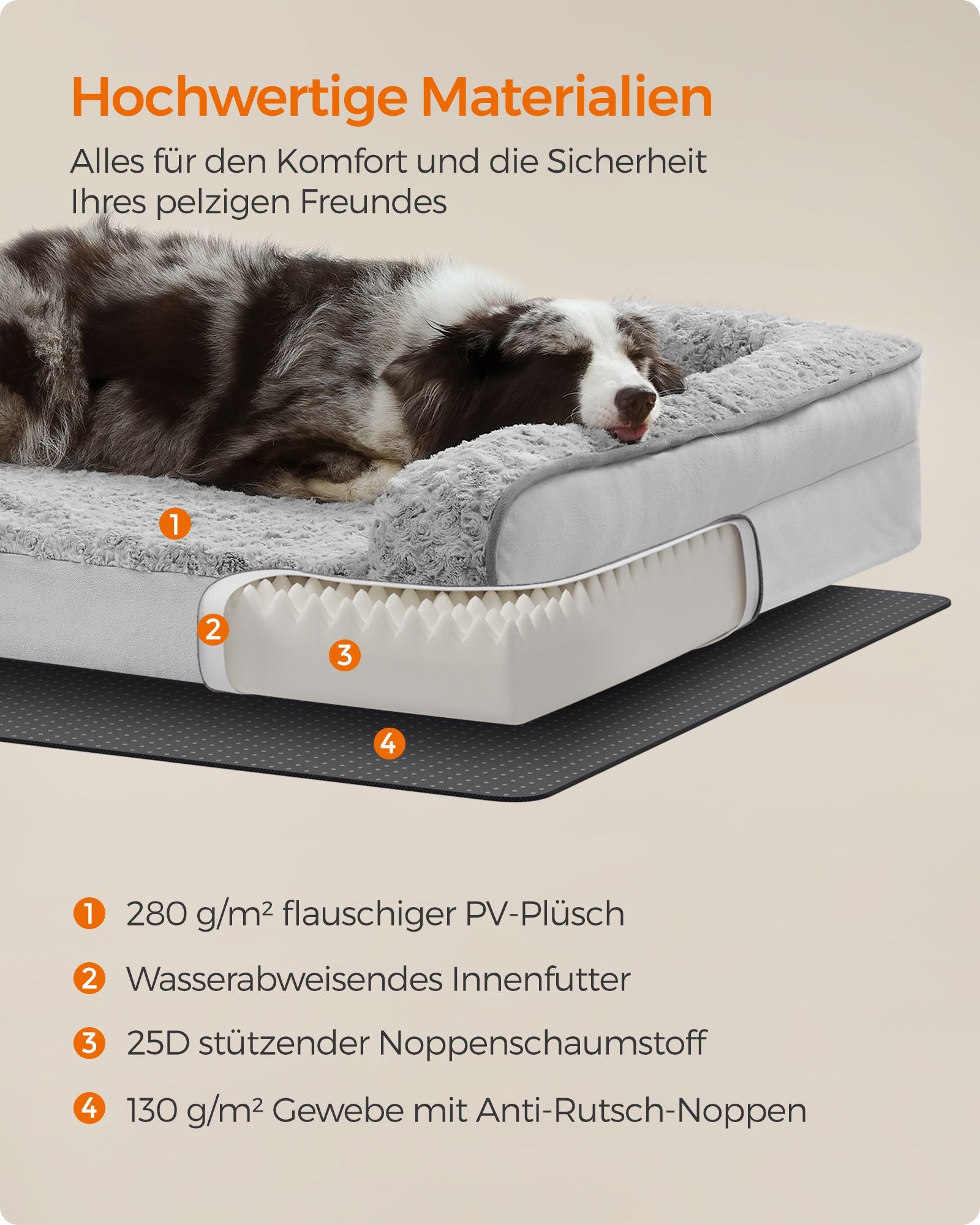 Orthopädisches Hundebett mit Plüschabdeckung in Taubengrau
