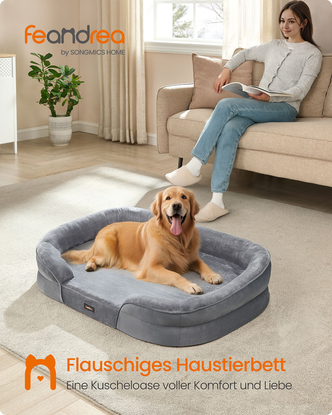Hundebett - gerollte Kanten - 106 x 76 x 18 cm - hellgrau