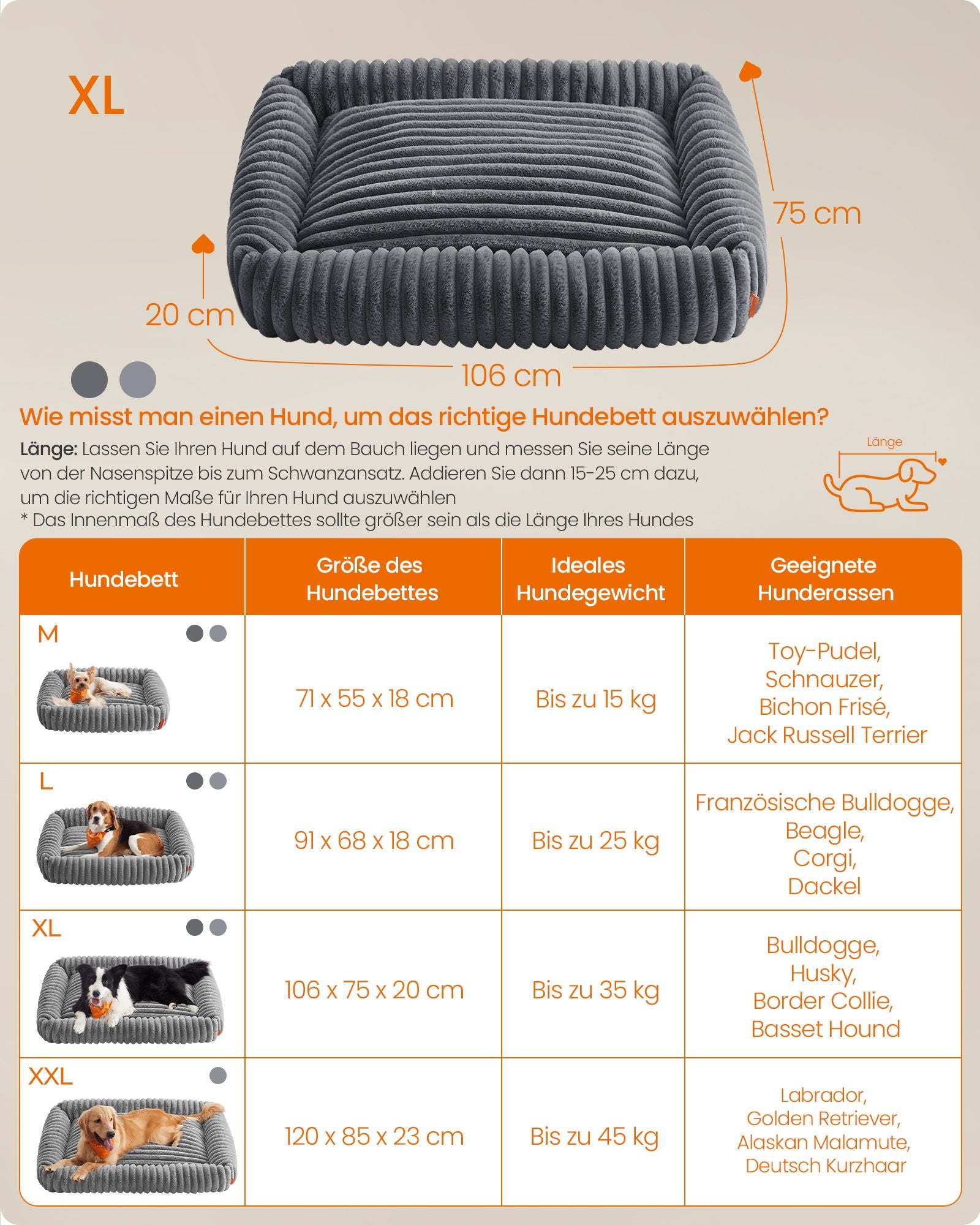 Hondenmand - Orthopedisch en Wasbaar - Met Verhoogde Randen - Loodgrijs - 106 x 75 x 20 cm