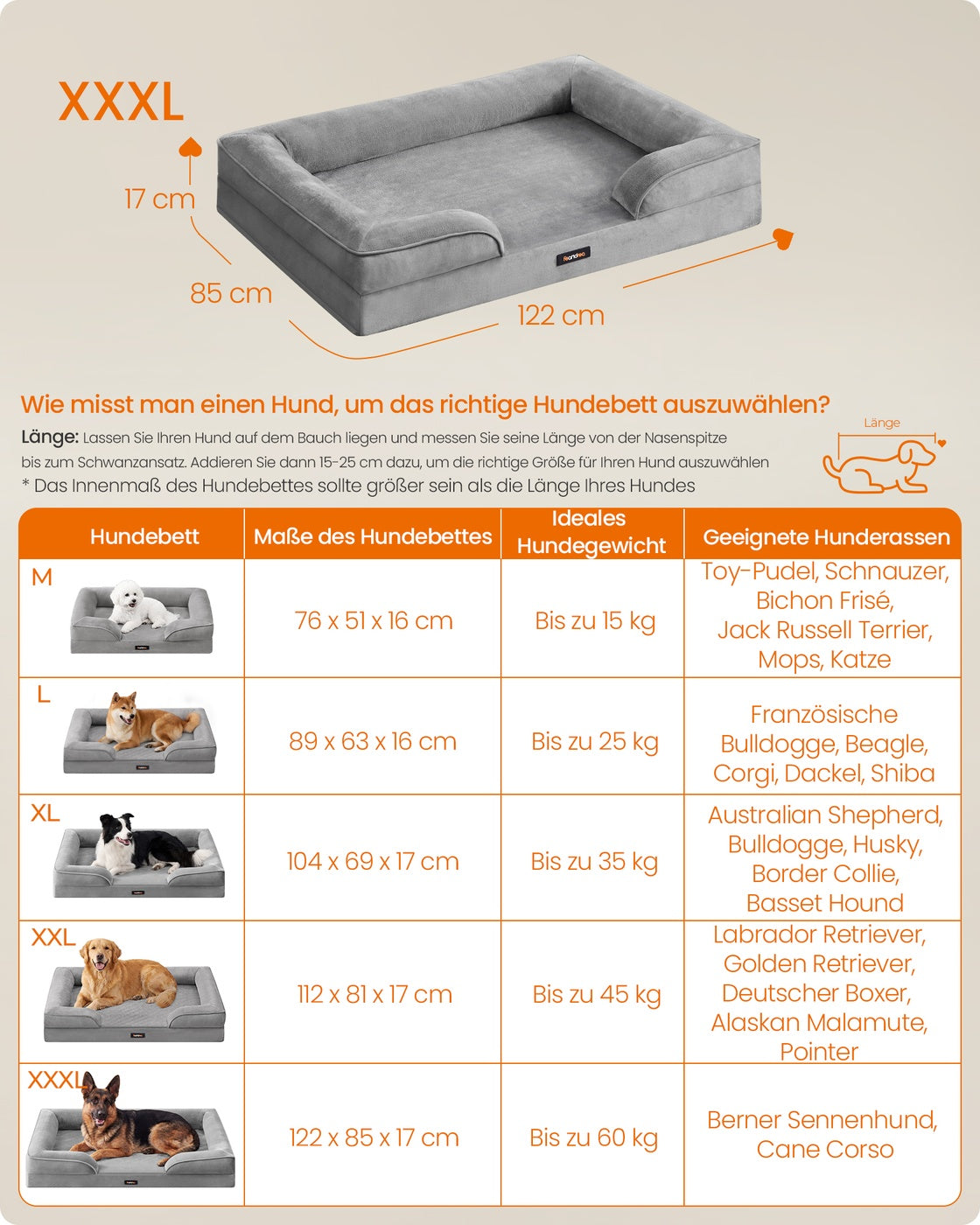 Orthopedisch Hondenbed - 122 x 85 cm - Verhoogde Rand - Wasbare Hoes - Duifgrijs