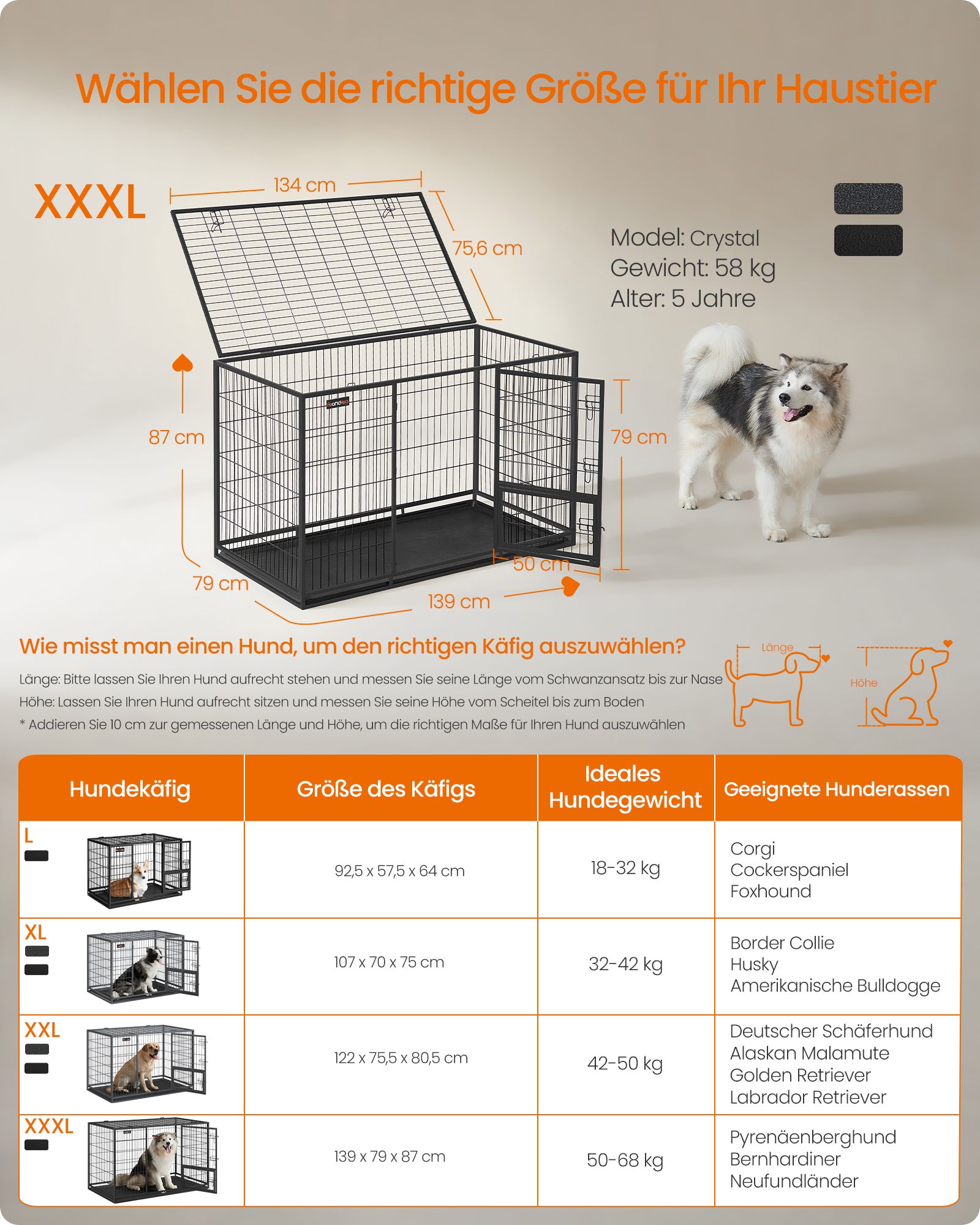 Schwerer Hundekäfig - 139 × 79 × 87 cm - Tinte schwarz