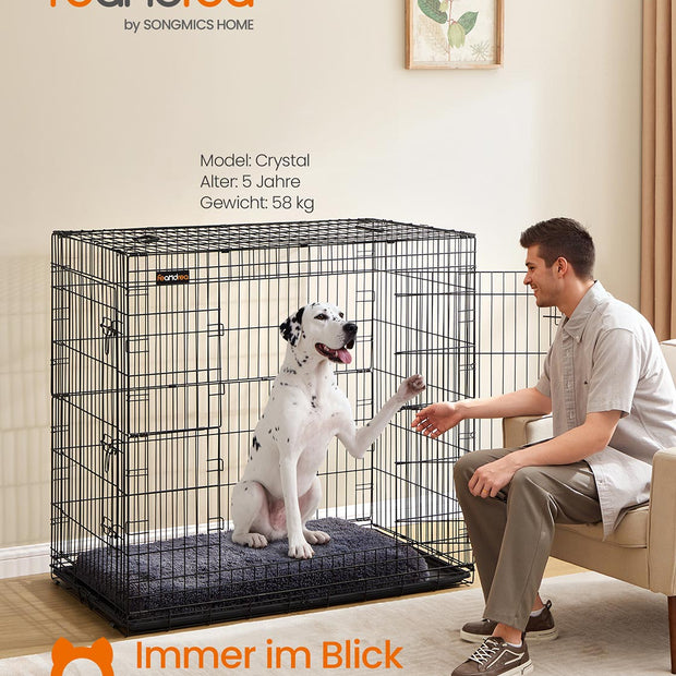 Faltbarer Hundekäfig mit 2 Türen und Plastikbehälter