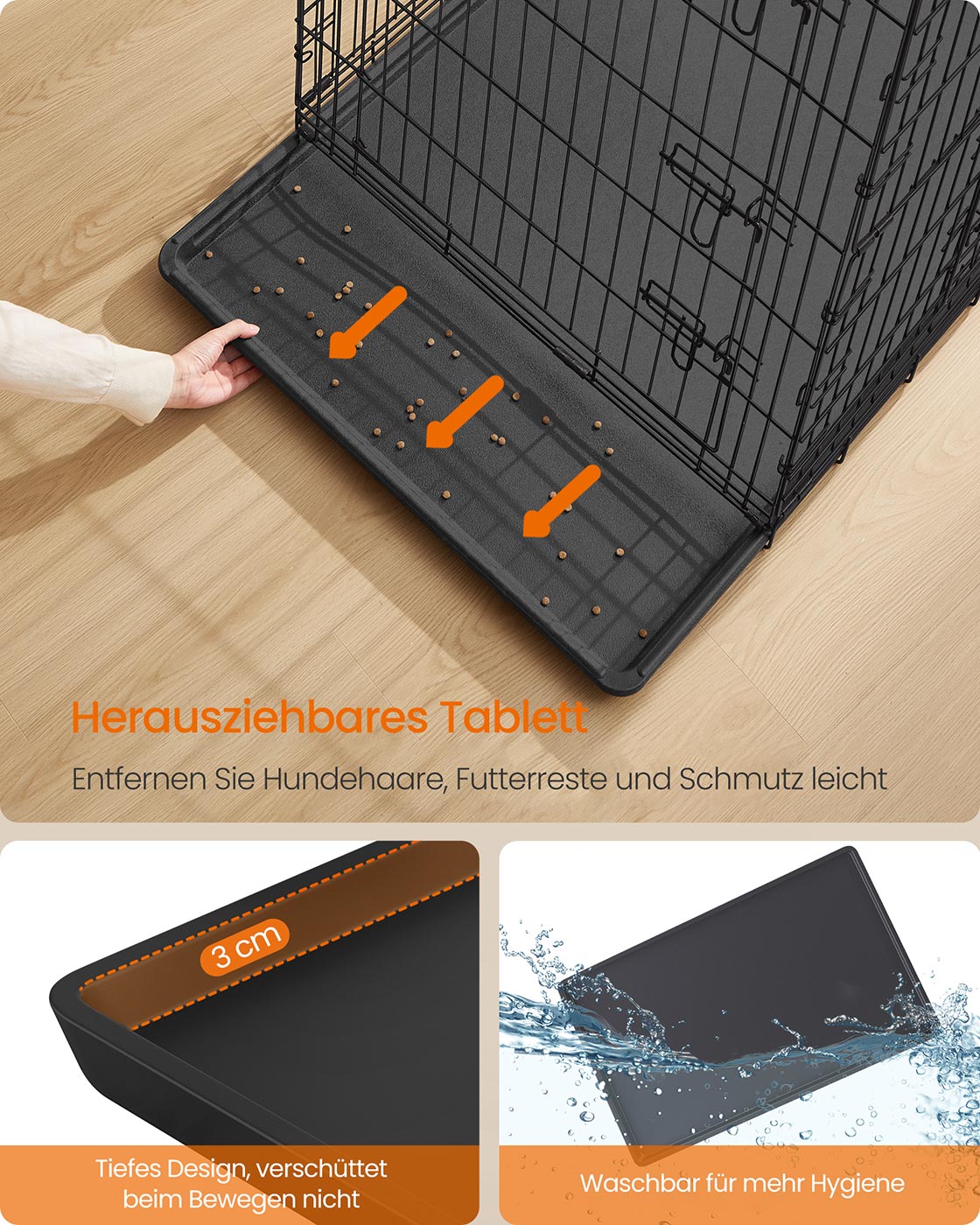 Faltbarer Hundekäfig mit 2 Türen und Plastikbehälter