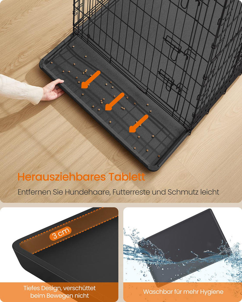 Faltbarer Hundekäfig mit 2 Türen und Plastikbehälter