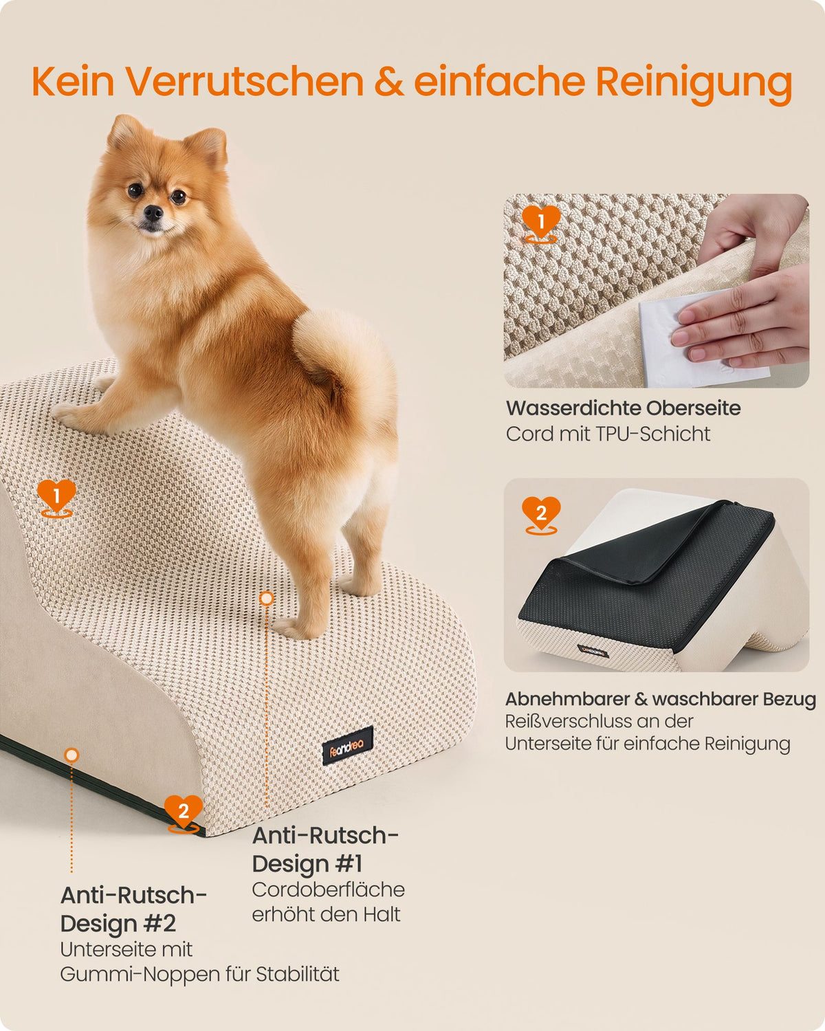 Hondentrap – 2 Treden – Ribstof – Waterdicht en Antislip – Afneembare Hoes – Crèmewit