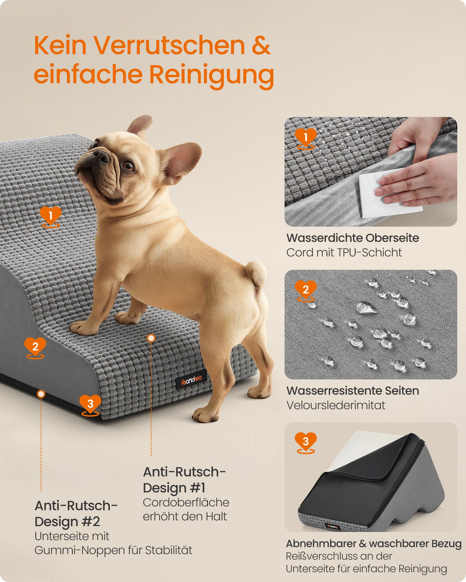 Hondentrap – 3 Treden – Schuim – Waterdicht en Antislip – Duifgrijs