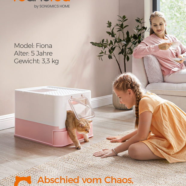 Katzentoilette mit Deckel und schöpfert-geräumig-weiß-Pastel-Rosa