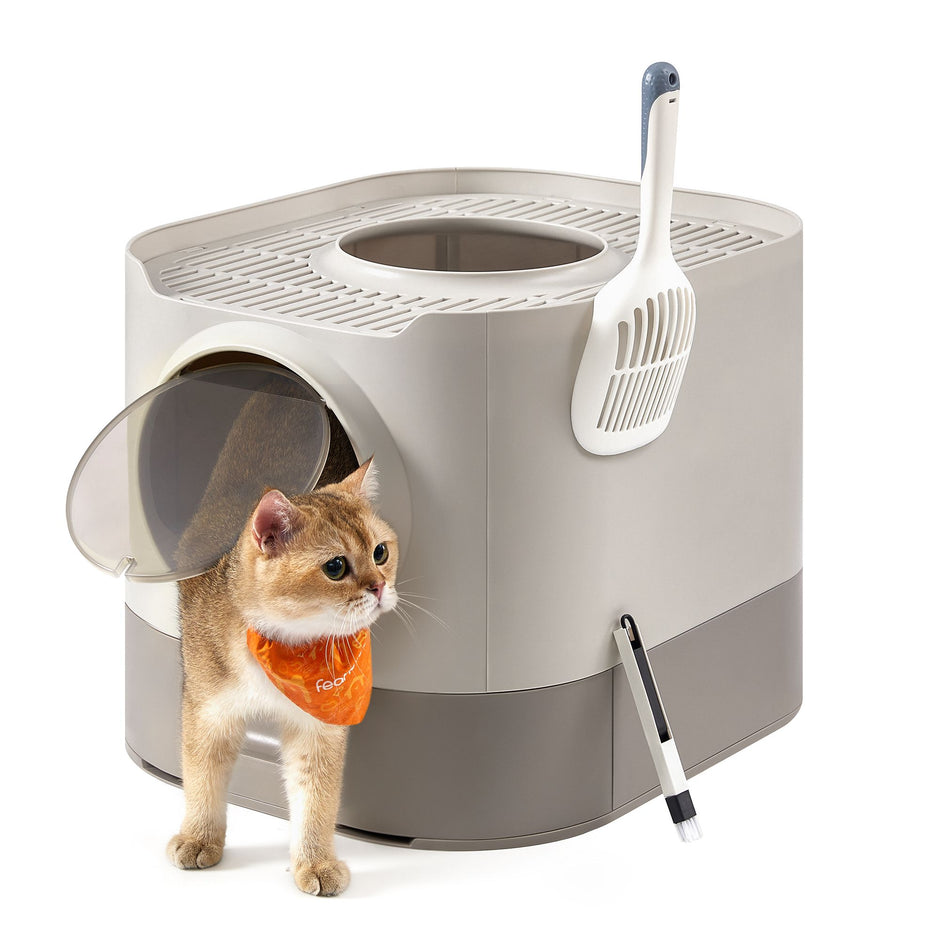 Kattenbak met Deksel – XXL – Uittrekbare Lade – Inclusief Schepje en Borstel – Havermout Warmgrijs