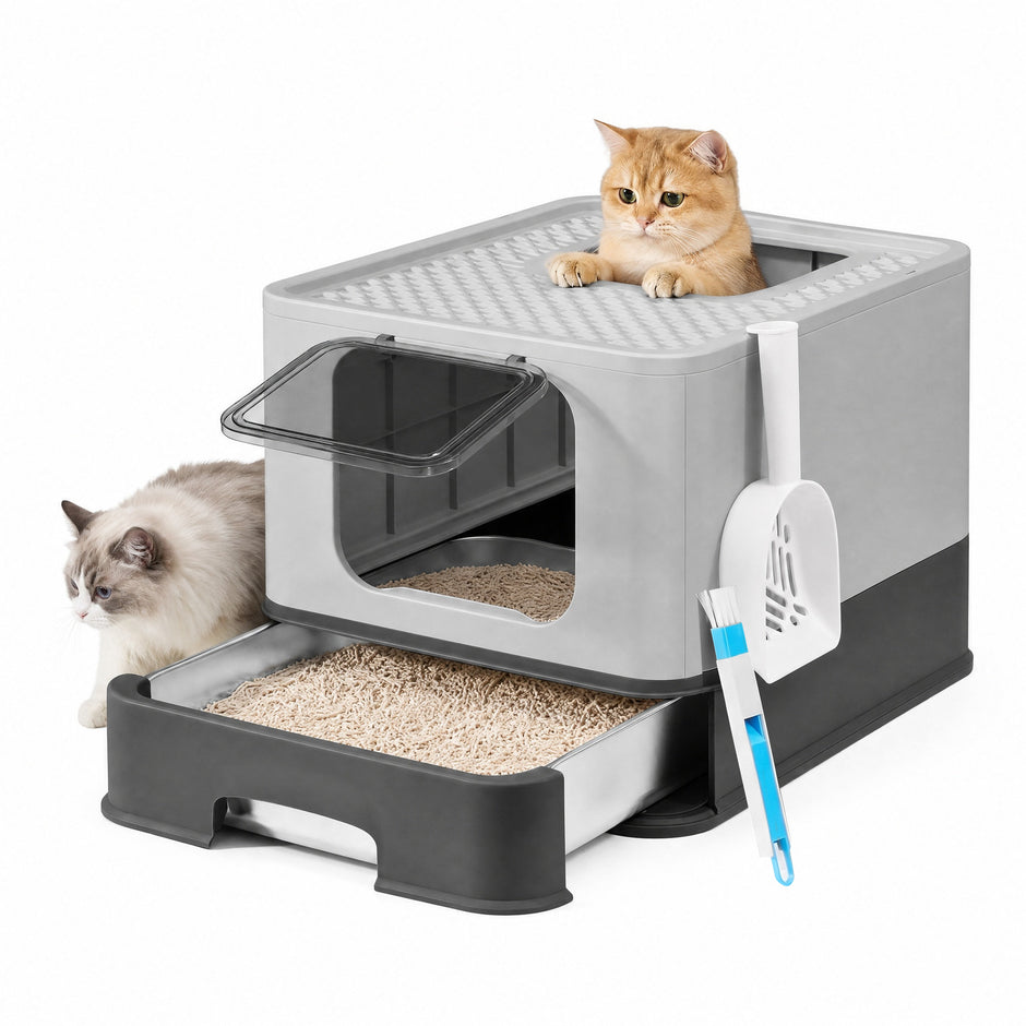 Kattenbak met Lade - Roestvrij Staal - 2 Ingangen - Met Schepje - Antracietgrijs