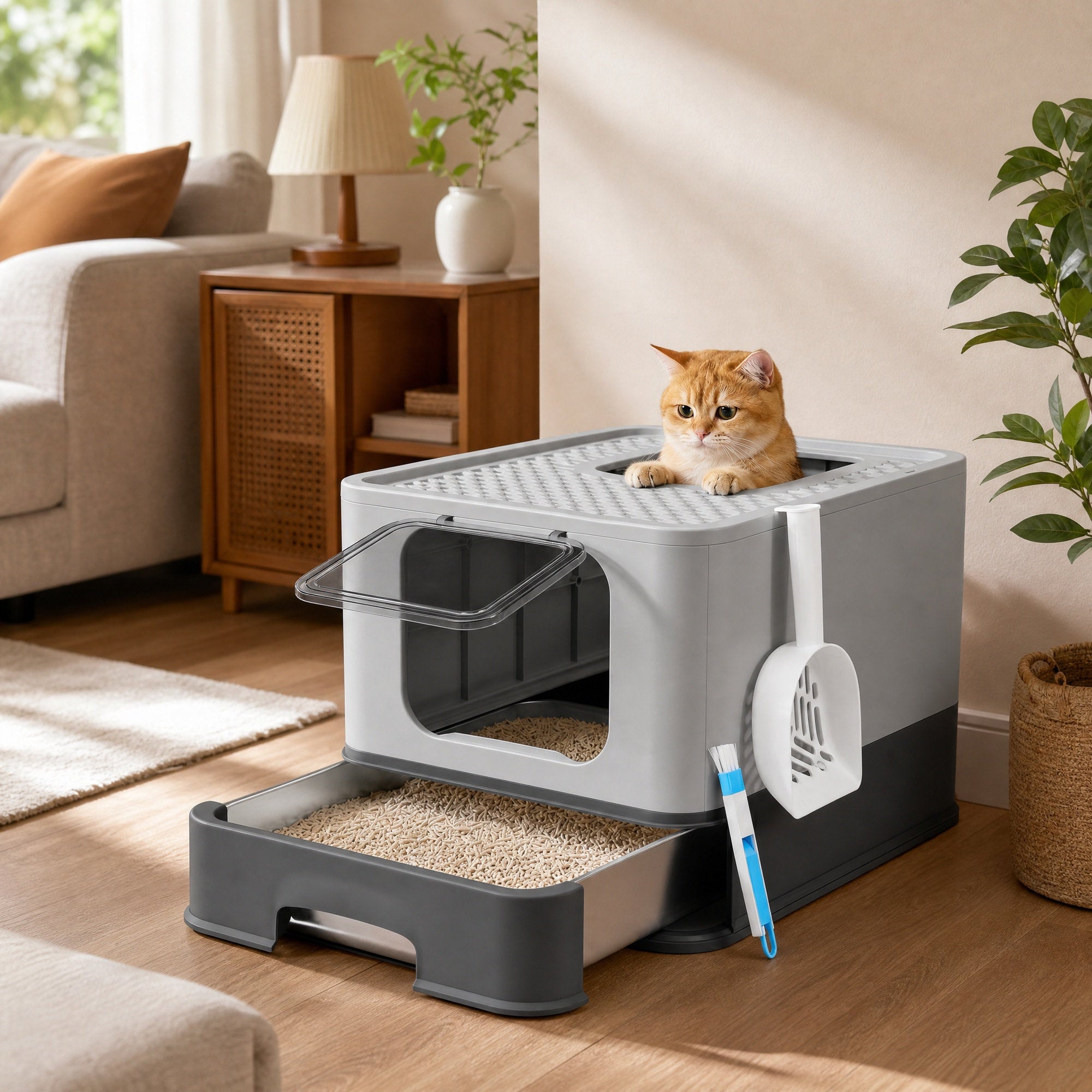 Kattenbak met Lade - Roestvrij Staal - 2 Ingangen - Met Schepje - Antracietgrijs