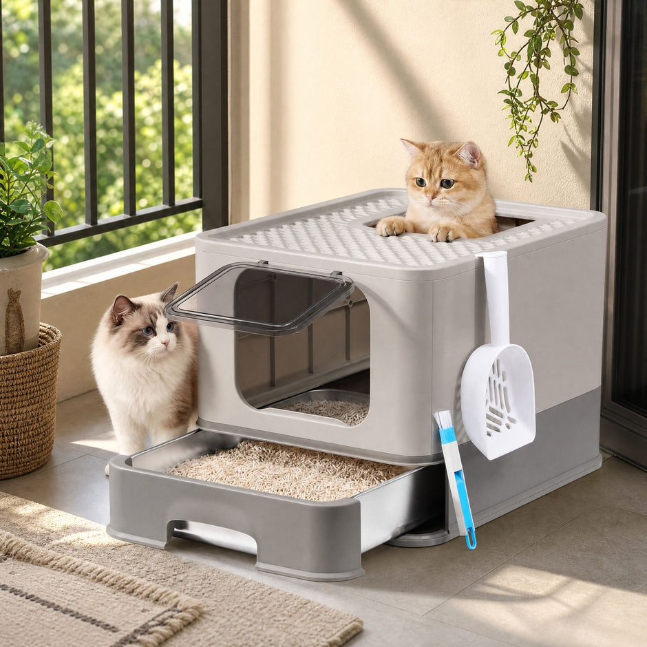 Kattenbak met Lade - Roestvrij Staal - 2 Ingangen - Met Schepje - Lichtgrijs