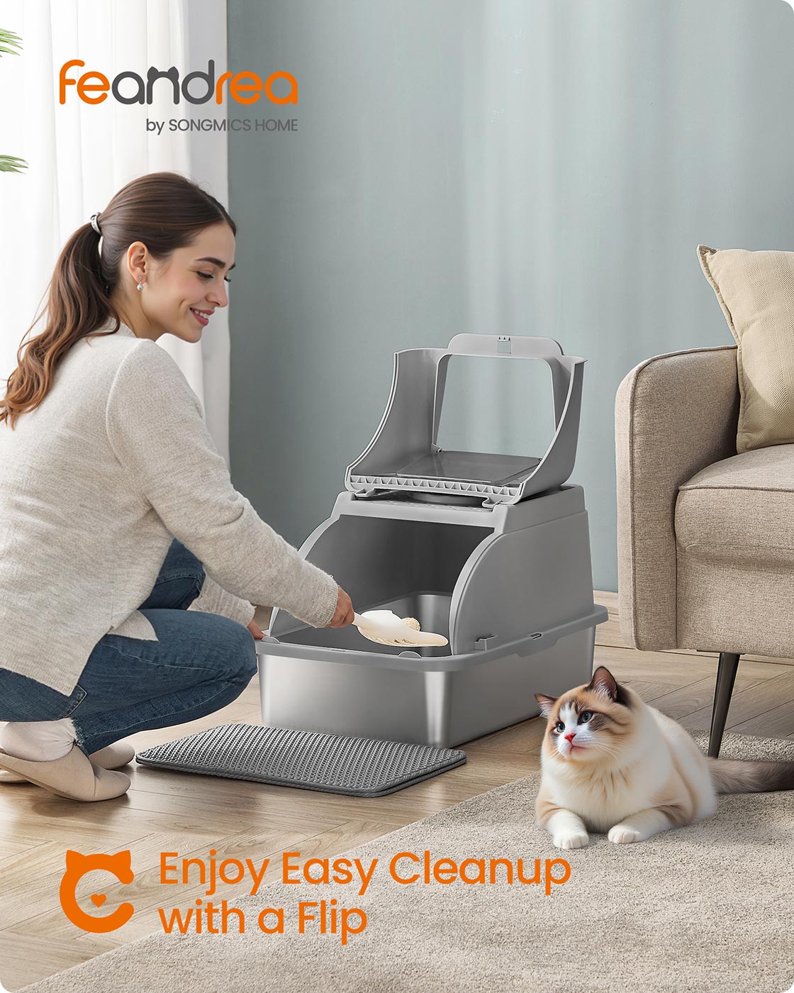 Katzentoilette aus Edelstahl mit Schaufel und Pinsel, Taube grau